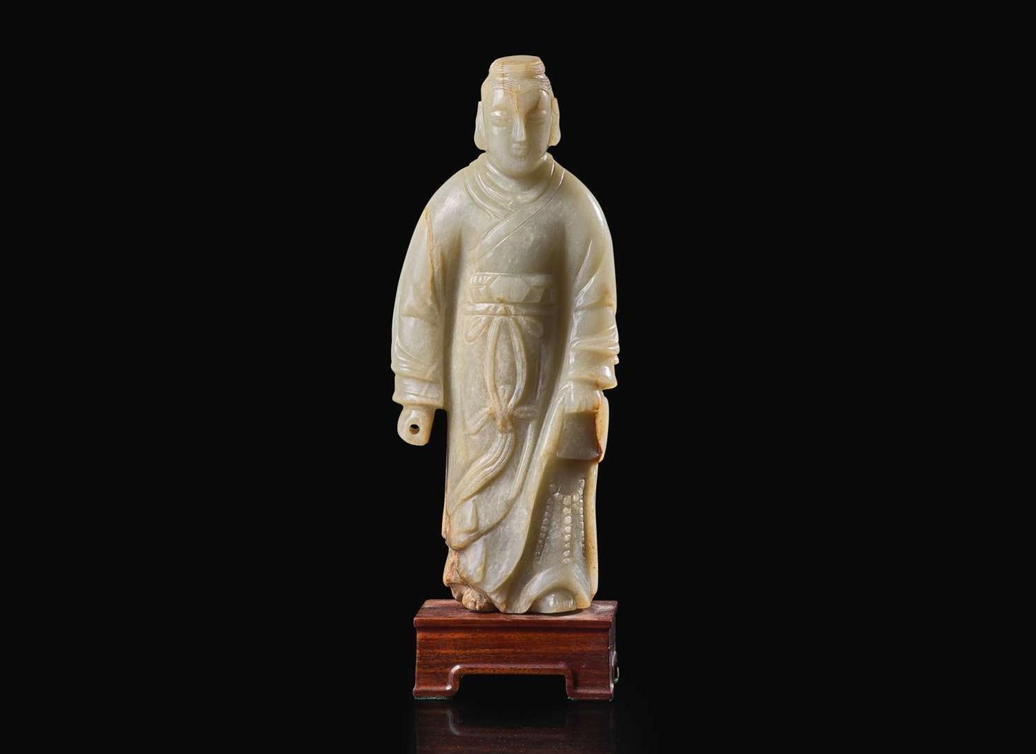 An unusual Chinese carved celadon jade figure of a man in long robes, possibly 18th century or earlier 玉雕人物 可能為十八世紀或更早