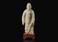 An unusual Chinese carved celadon jade figure of a man in long robes, possibly 18th century or earlier 玉雕人物 可能為十八世紀或更早
