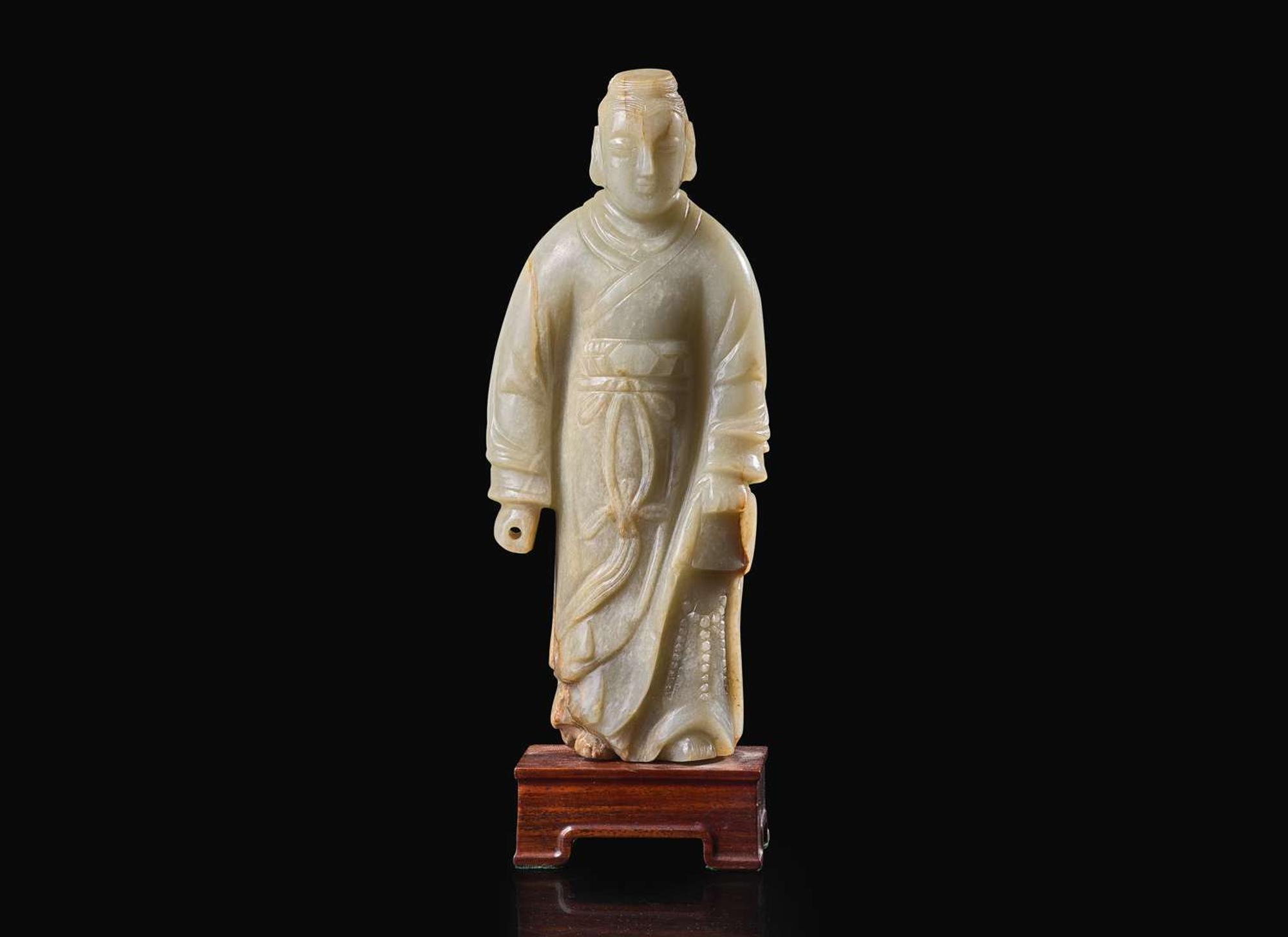 An unusual Chinese carved celadon jade figure of a man in long robes, possibly 18th century or earlier 玉雕人物 可能為十八世紀或更早