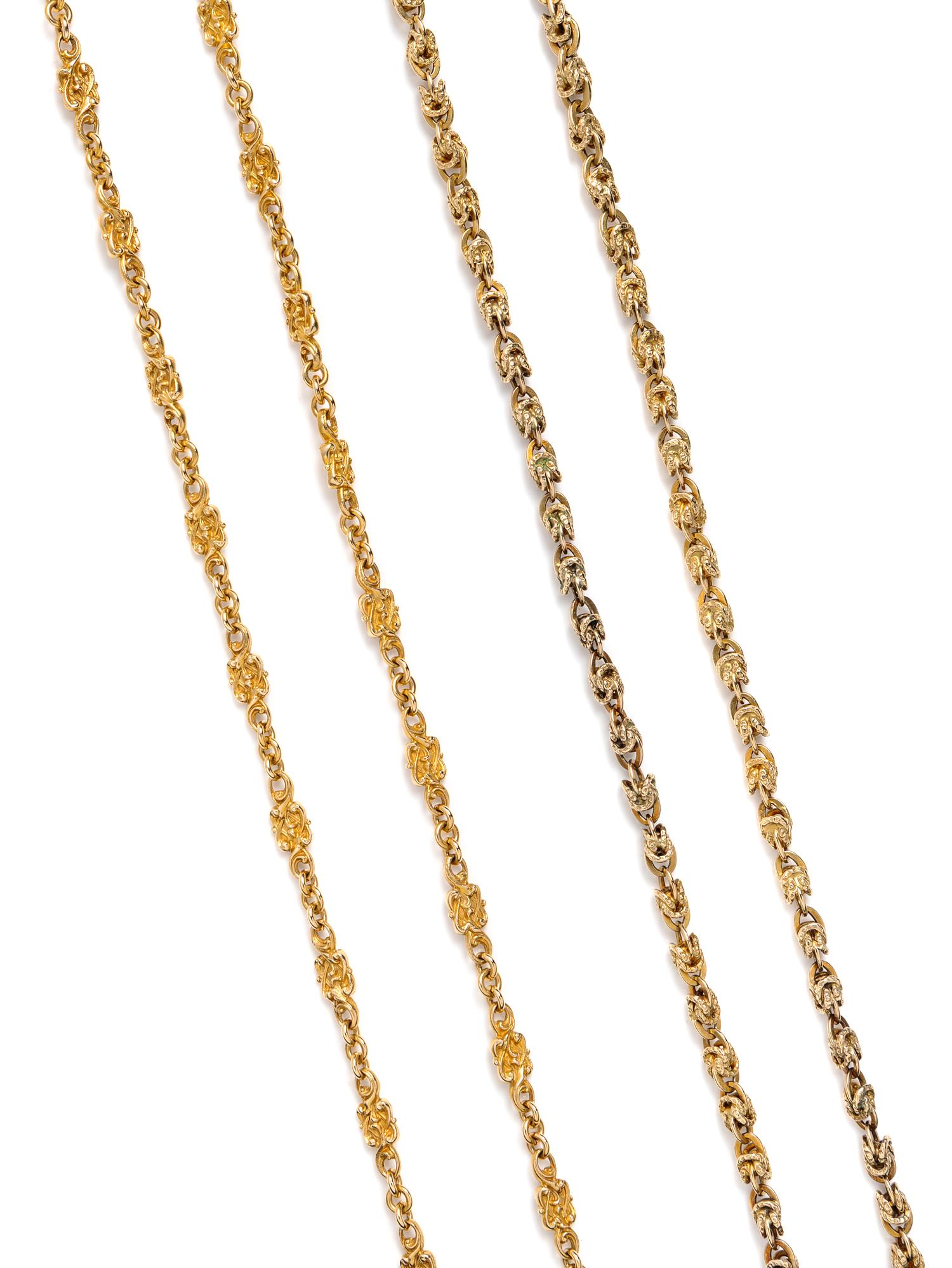 TWO YELLOW GOLD FANCY LINK LONG CHAINS