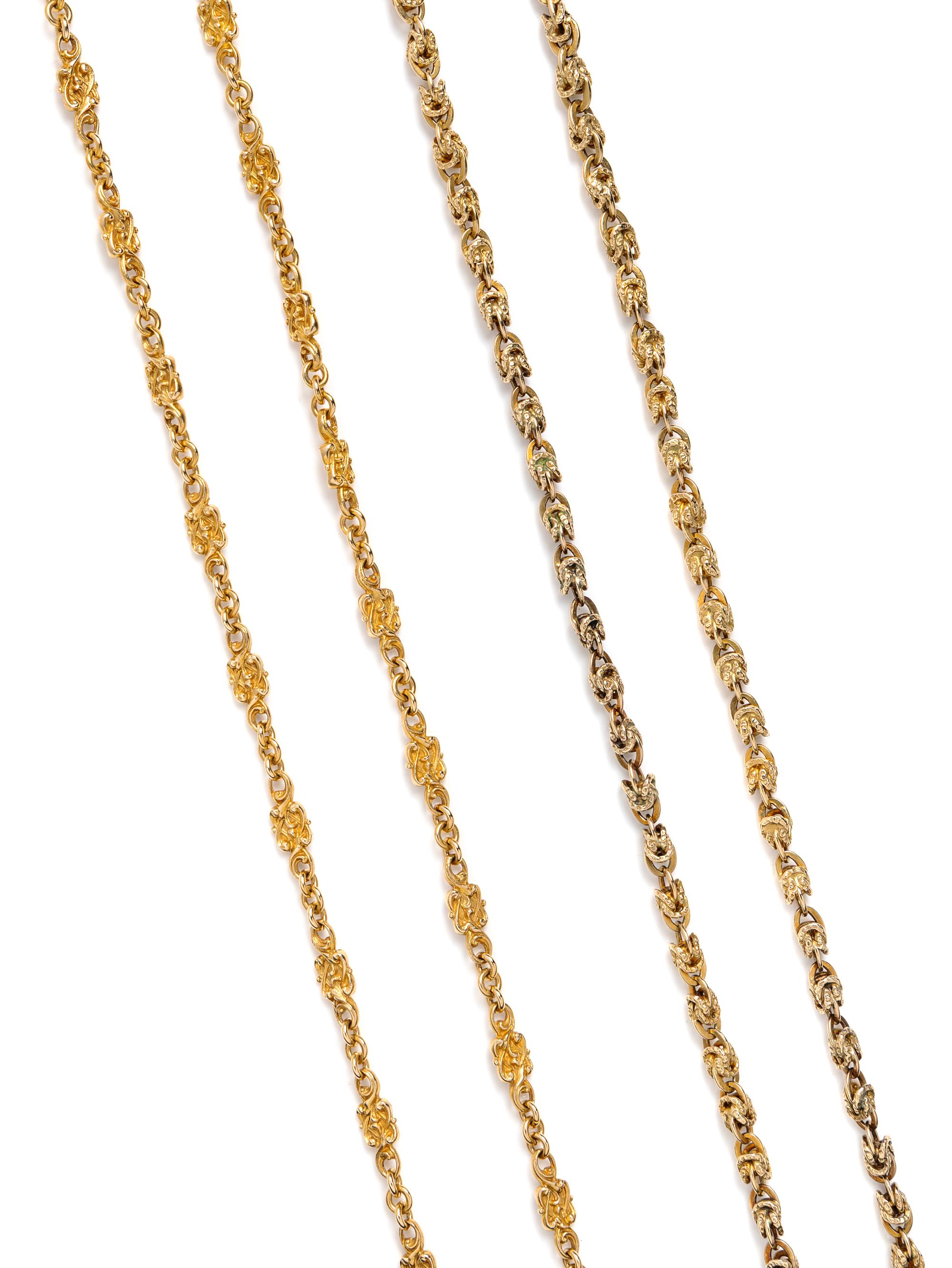 TWO YELLOW GOLD FANCY LINK LONG CHAINS