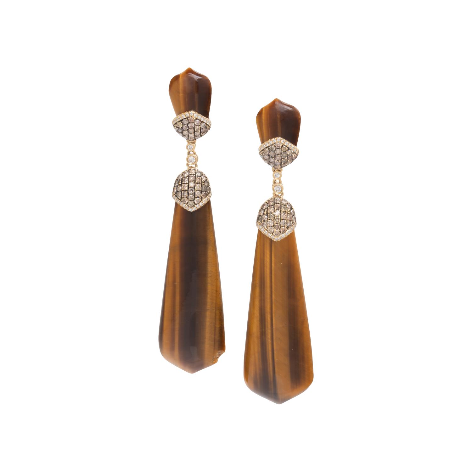 YELLOW GOLD, TIGER'S EYE, AND MULTICOLORED DIAMOND EARRINGS