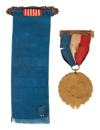[CIVIL WAR - VETERAN ORGANIZATIONS]. Battle flag of Ohio parade ribbon and badge.