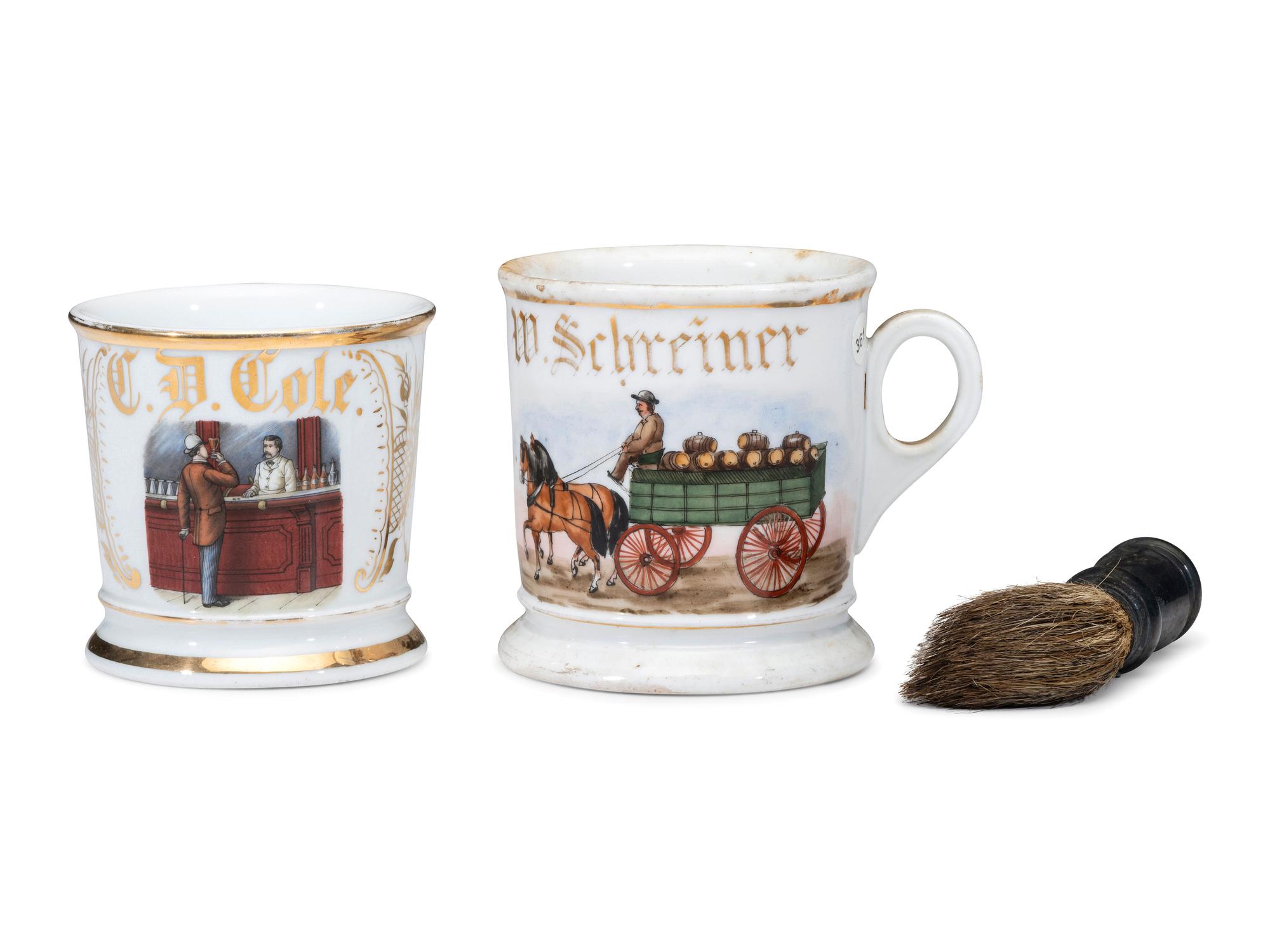 Two Porcelain Occupational Shaving Mugs with Draughtscenes