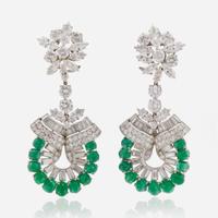 A Pair of 14K White Gold, Emerald, and Diamond Earrings