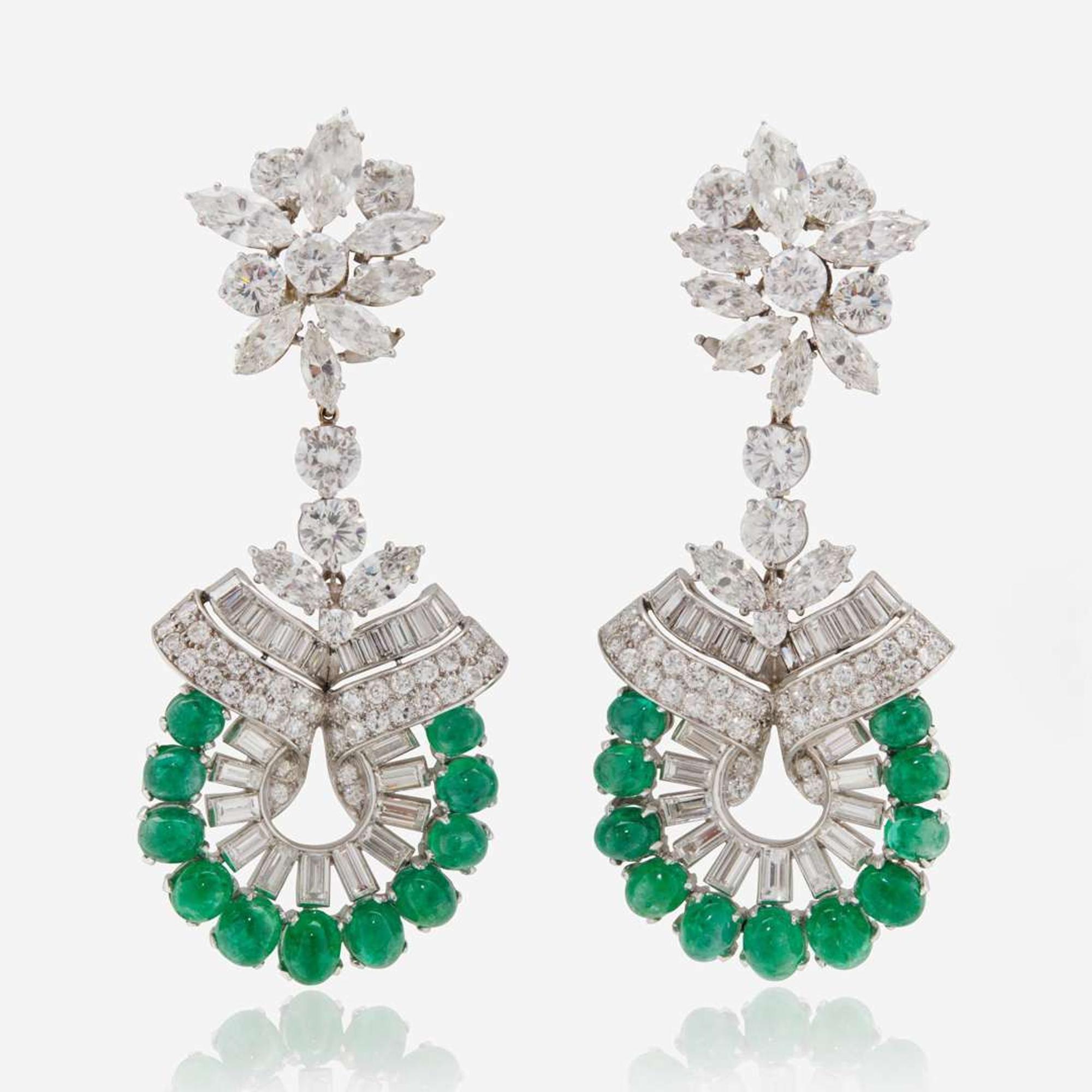 A Pair of 14K White Gold, Emerald, and Diamond Earrings