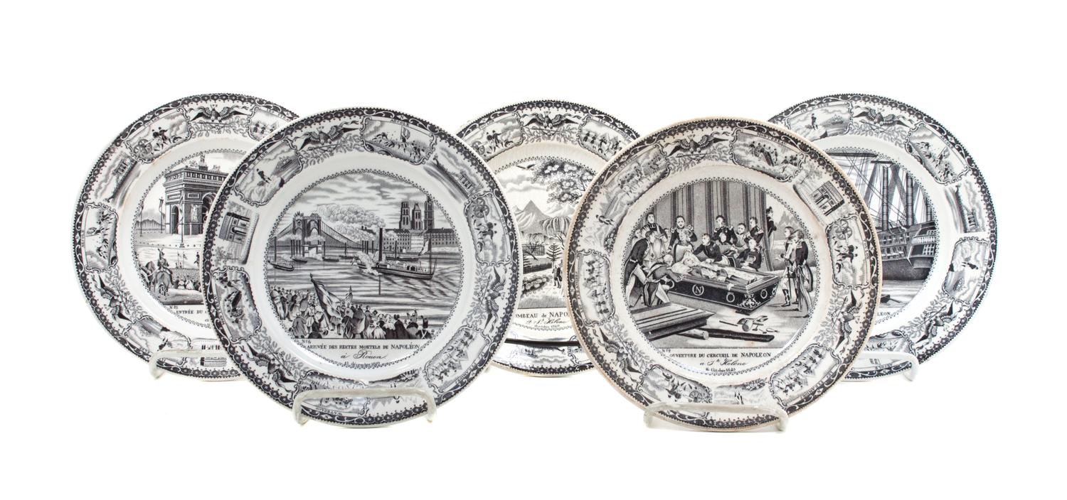 Five French Transfer Decorated Plates Diameter 8 inches.