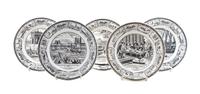 Five French Transfer Decorated Plates Diameter 8 inches.