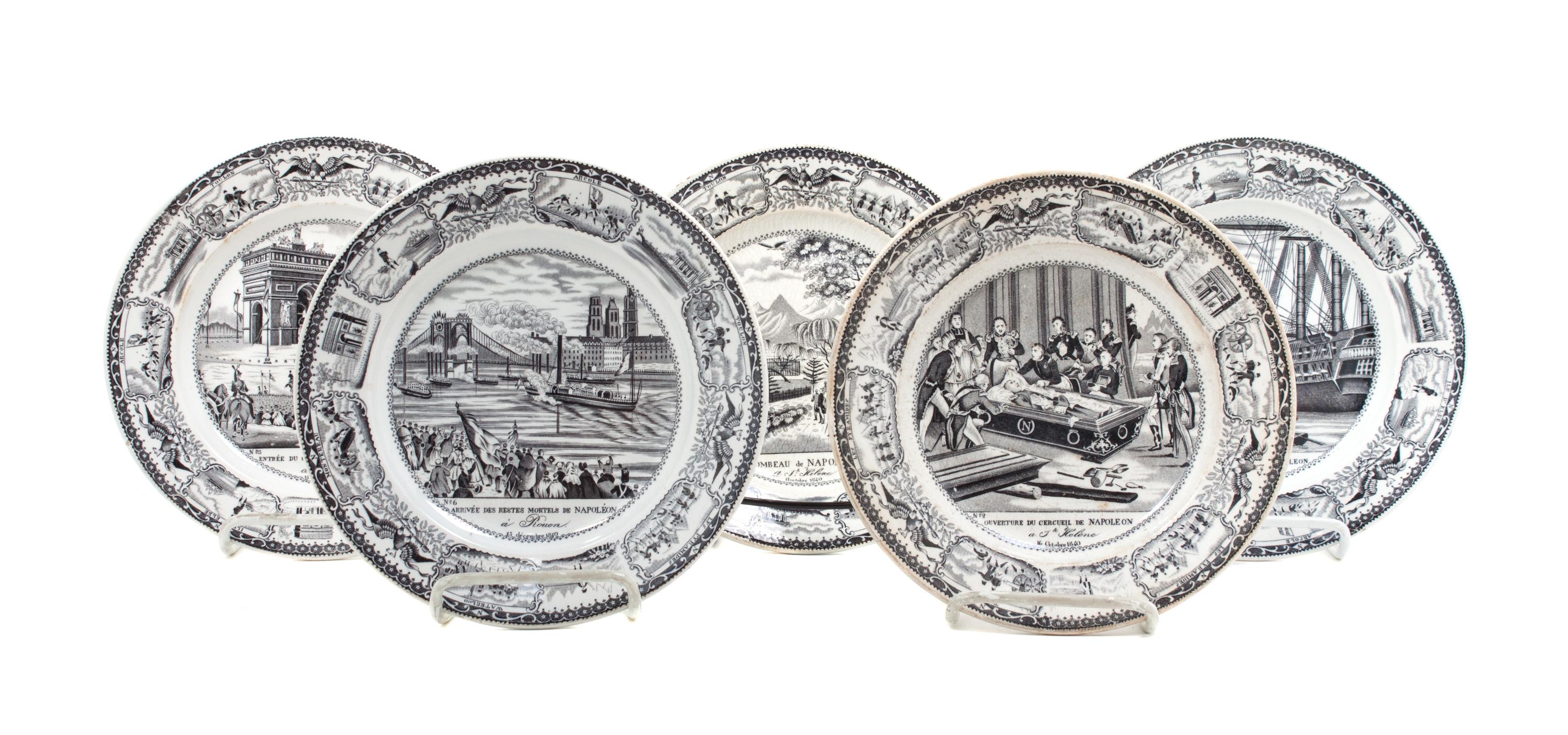 Five French Transfer Decorated Plates Diameter 8 inches.