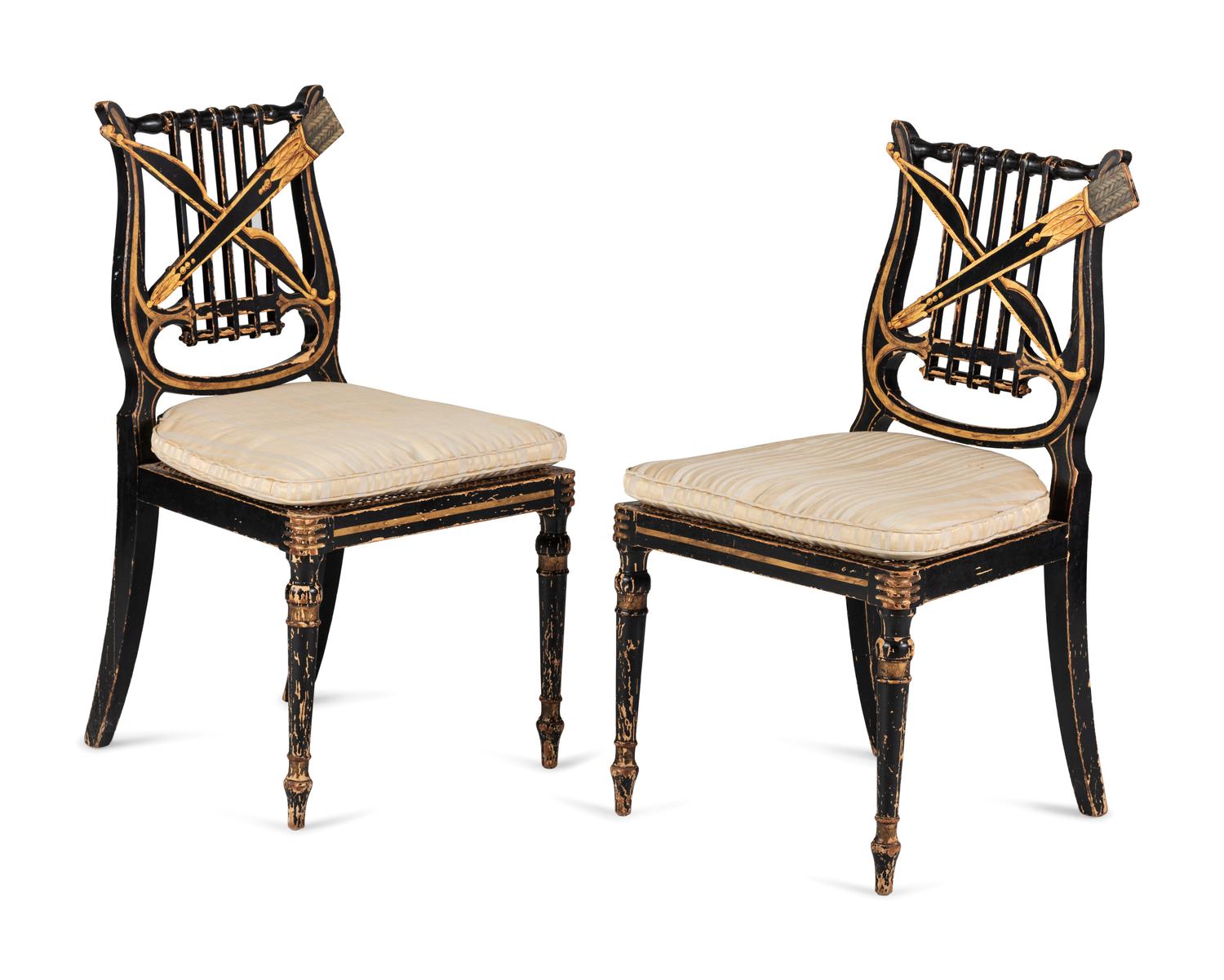 A Pair of Classical Gilt and Black Painted Lyre-Back Cane Upholstered Side Chairs