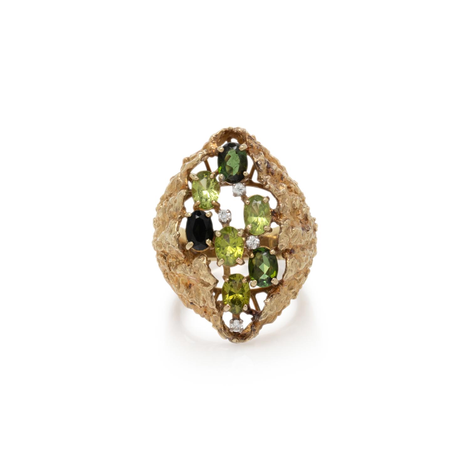 PERIDOT, GREEN TOURMALINE, AND DIAMOND RING