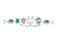 A Sèvres Painted and Parcel Gilt Porcelain Tea and Cordial Service in a Fitted Kingwood and Parquetry Traveling Case