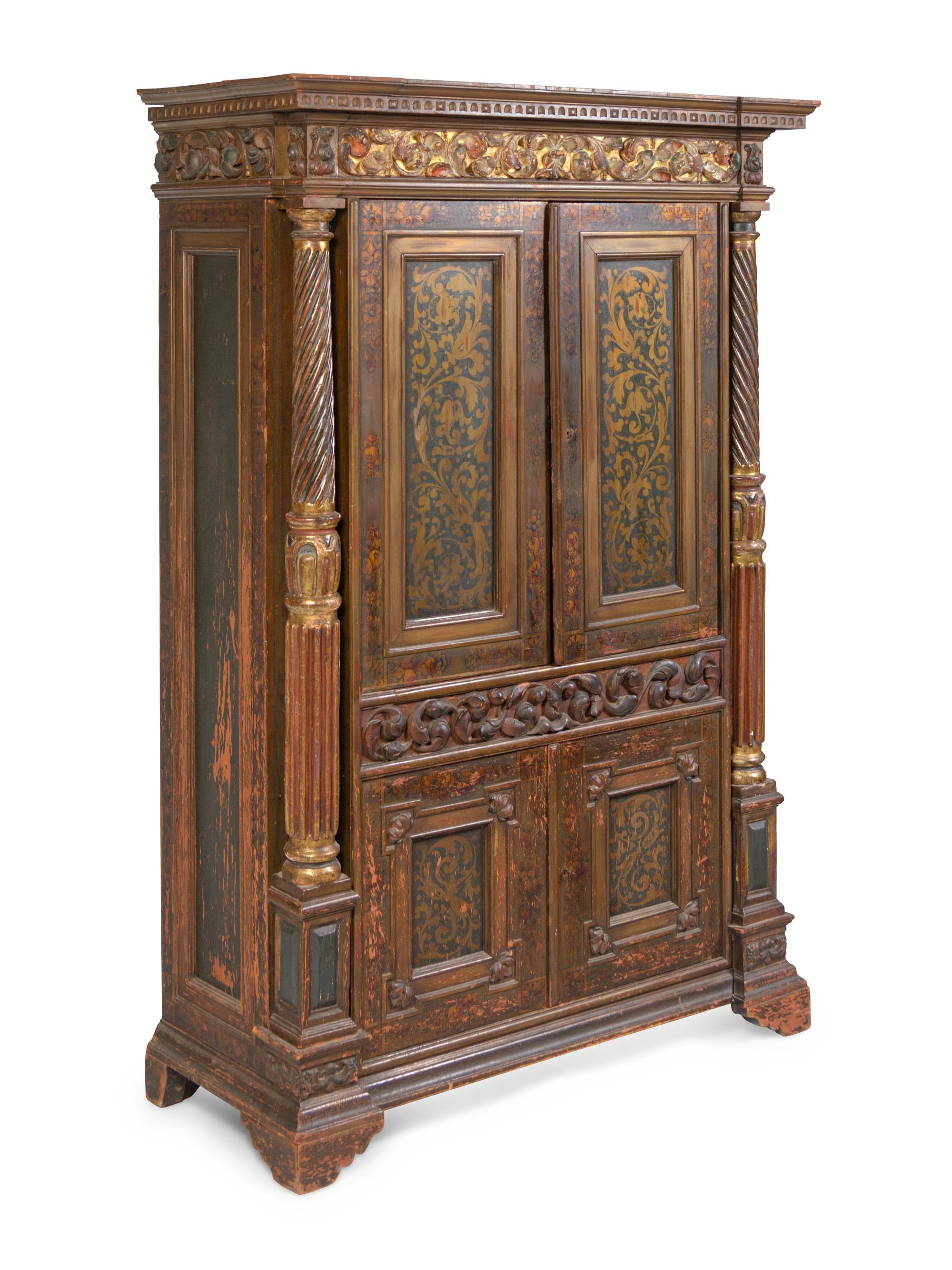 A Continental Painted and Parcel Gilt Secretary Cabinet