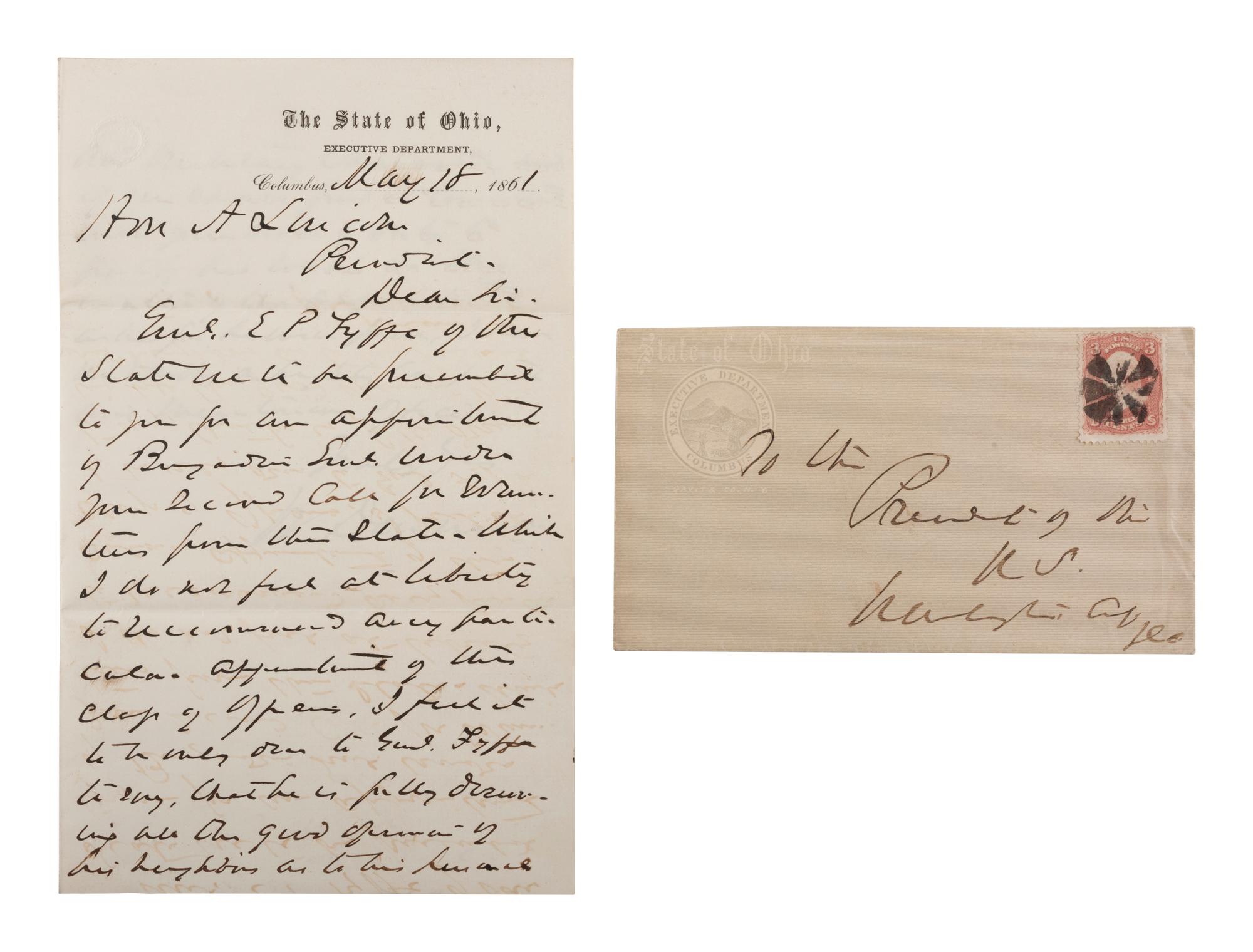 DENNISON, William (1815-1882). ALS as Ohio Governor, to Abraham Lincoln, with cover. 18 May 1861.