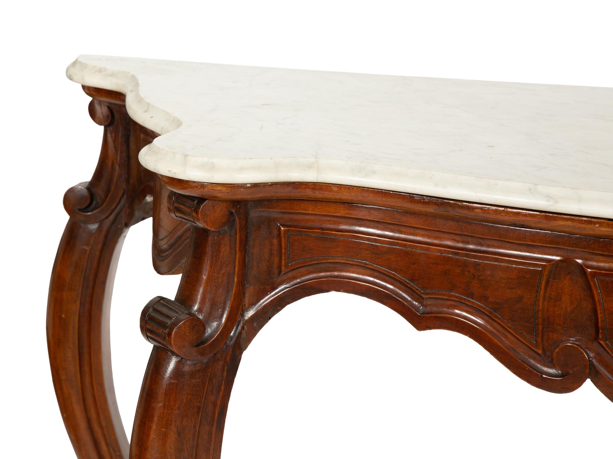 A Continental Walnut Marble-Top Console Table