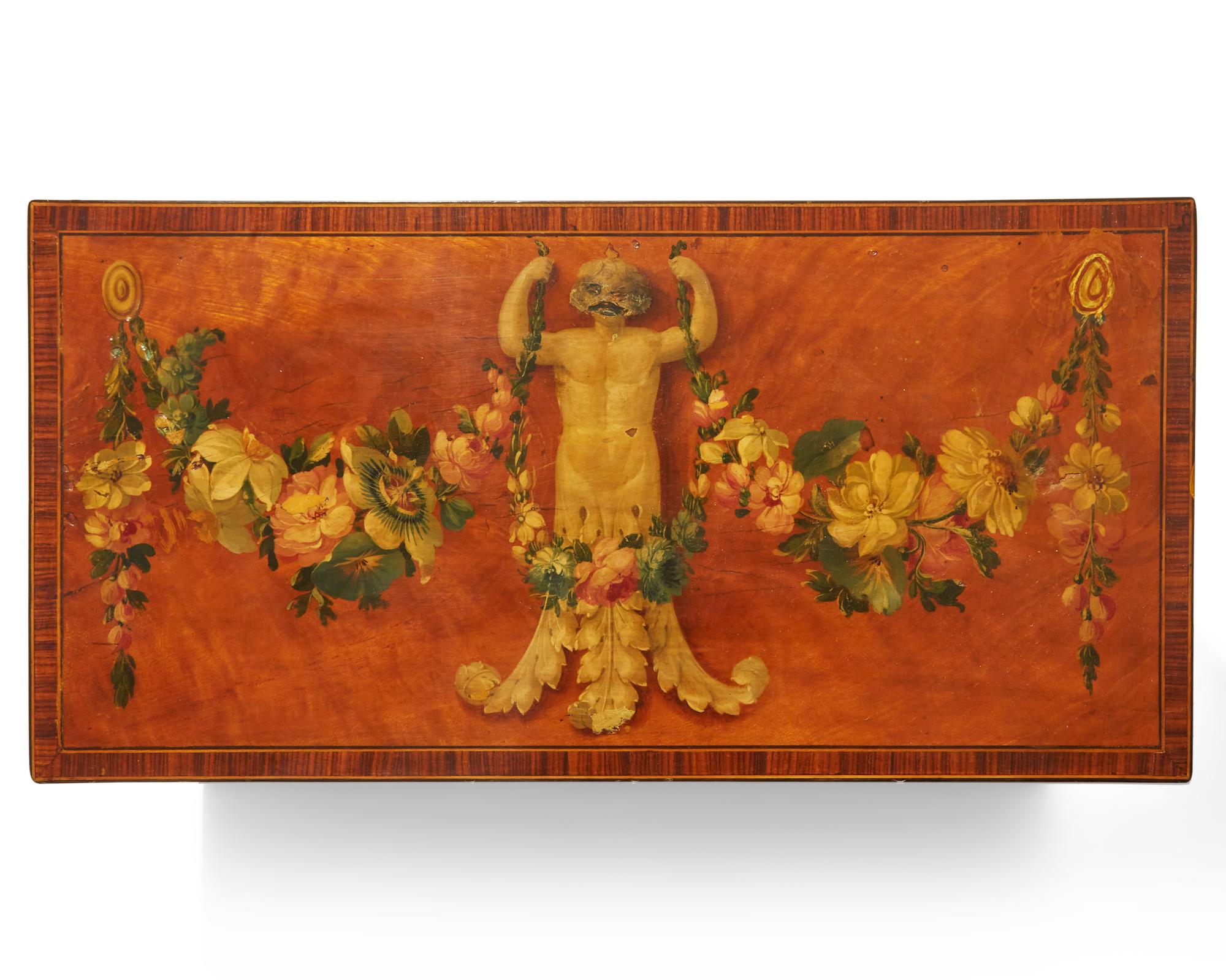 A Regency inlaid and paint-decorated satinwood tea caddy, circa 1810