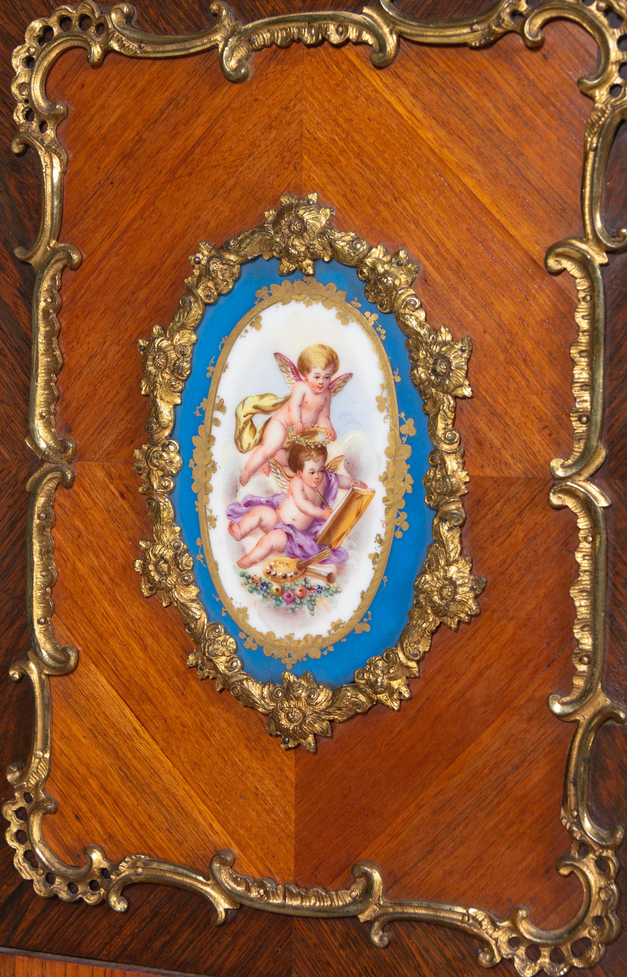 A Louis XV Style Gilt Metal and Sèvres Style Porcelain Mounted Parquetry Bonheur du Jour