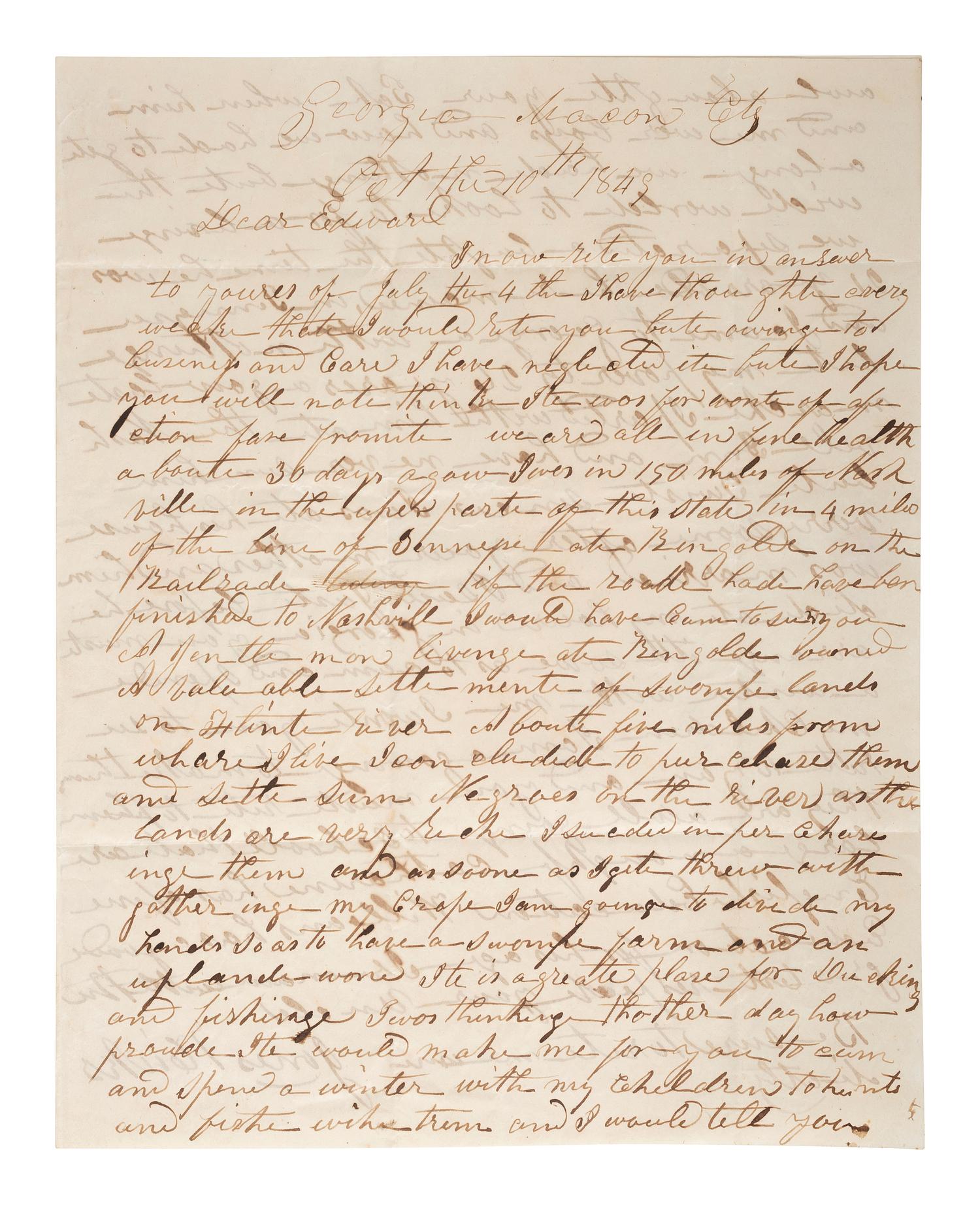[TEXAS]. A letter from an enslaver detailing the value of enslaved persons and noting the recent discovery of gold. Hallettsville, TX, 28 April 1853. [With:] Additional letter to same recipient.