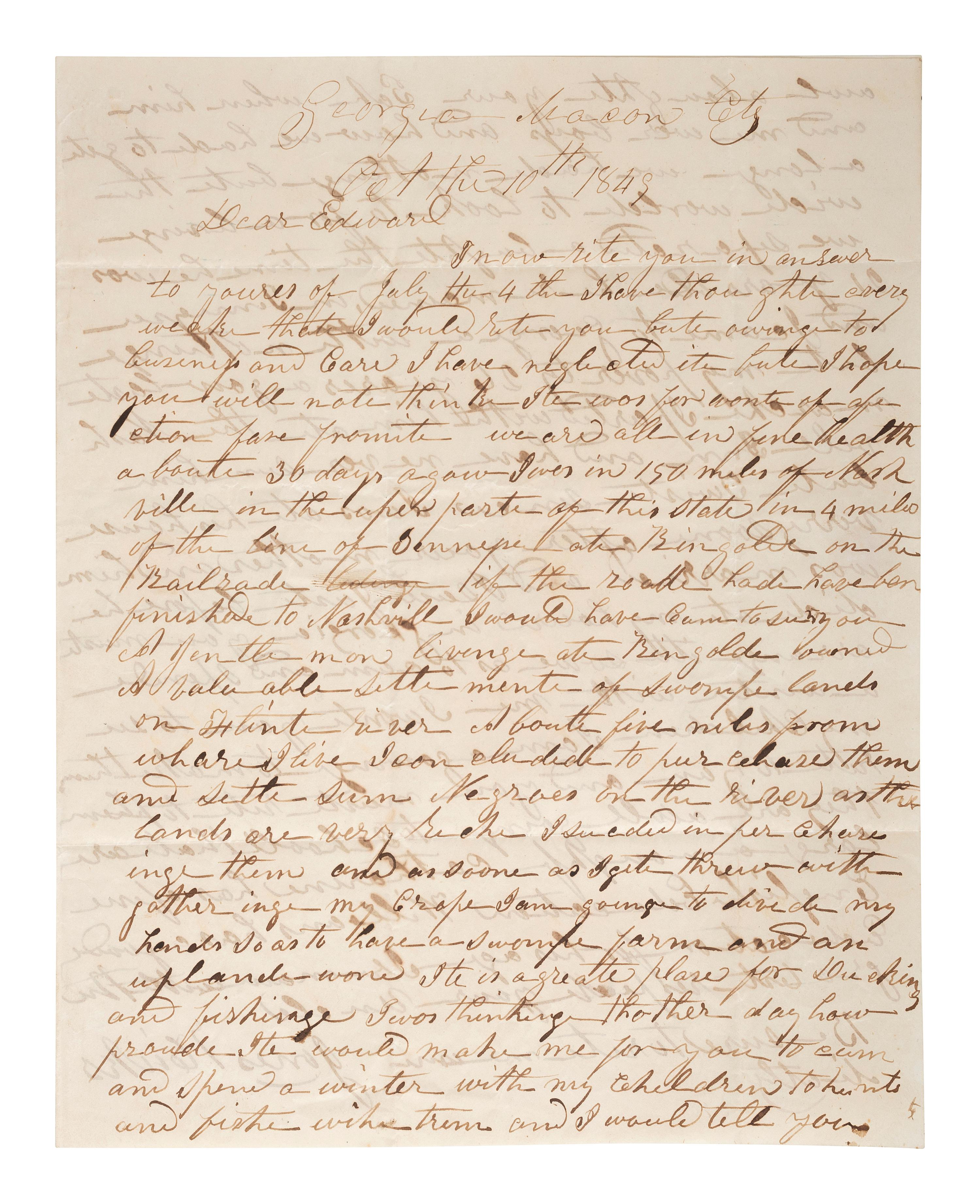 [TEXAS]. A letter from an enslaver detailing the value of enslaved persons and noting the recent discovery of gold. Hallettsville, TX, 28 April 1853. [With:] Additional letter to same recipient.