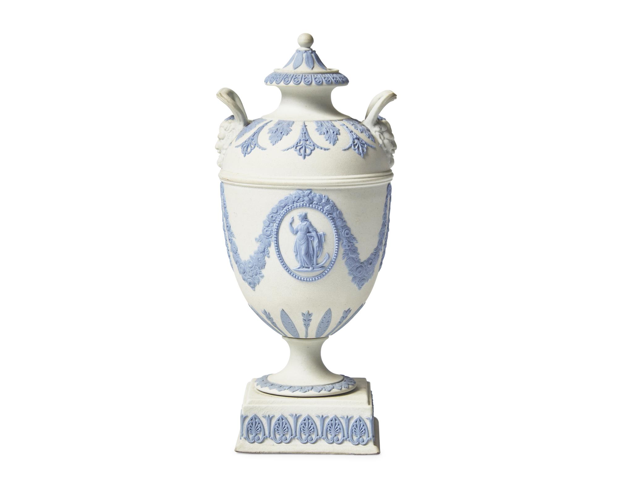 A Rare Wedgwood White and Blue Jasperware Covered Urn