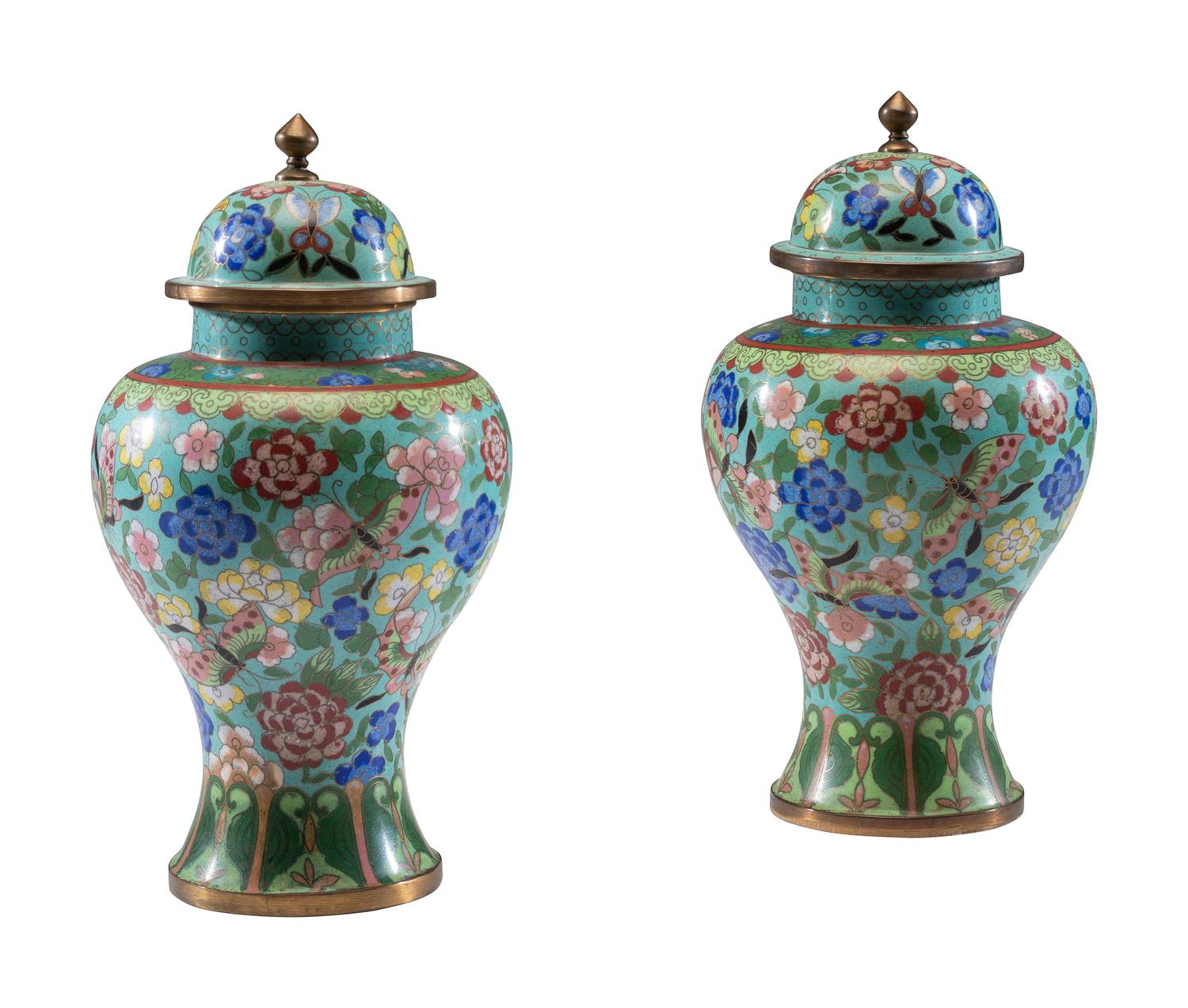 A Pair of Chinese Cloisonné Enamel Covered Jars