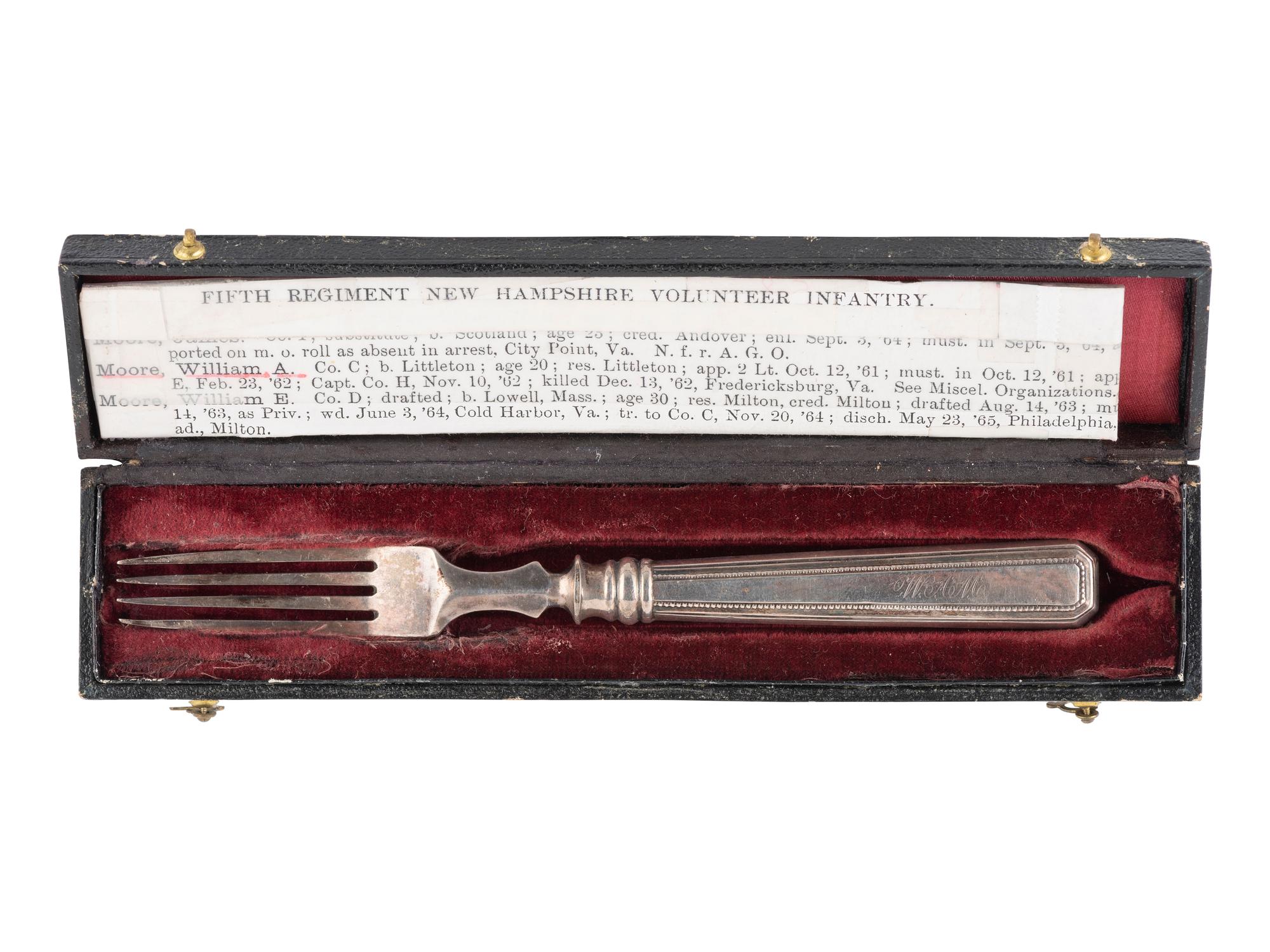 [CIVIL WAR]. Silver fork tentatively identified to Capt. William A. Moore, 5th NH Infantry, KIA Fredericksburg.