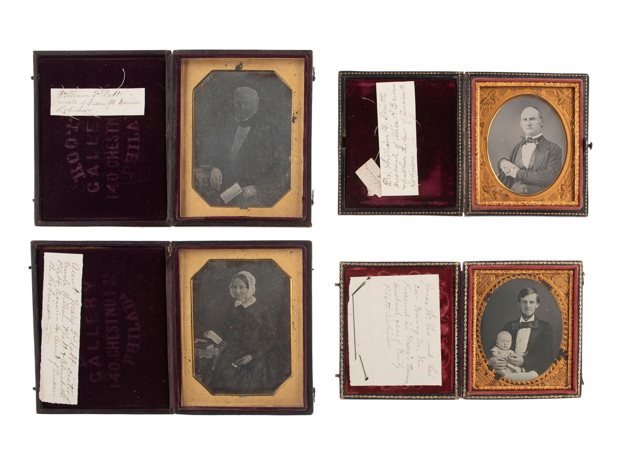 [EARLY PHOTOGRAPHY]. 4 daguerreotypes incl. a pair of portraits by ROOT'S GALLERY, Philadelphia.