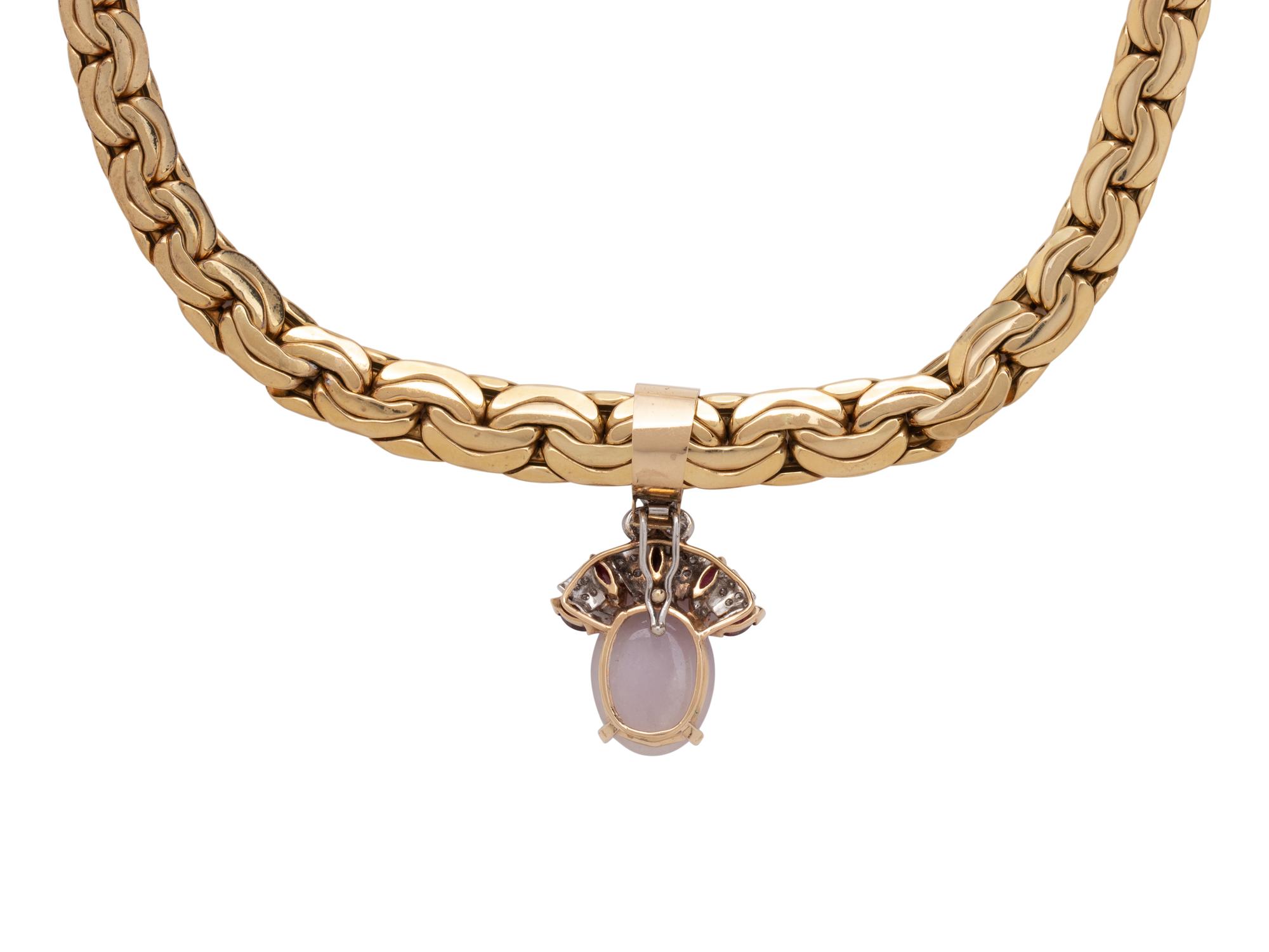 YELLOW GOLD, LAVENDER JADE, DIAMOND AND RUBY PENDANT/NECKLACE