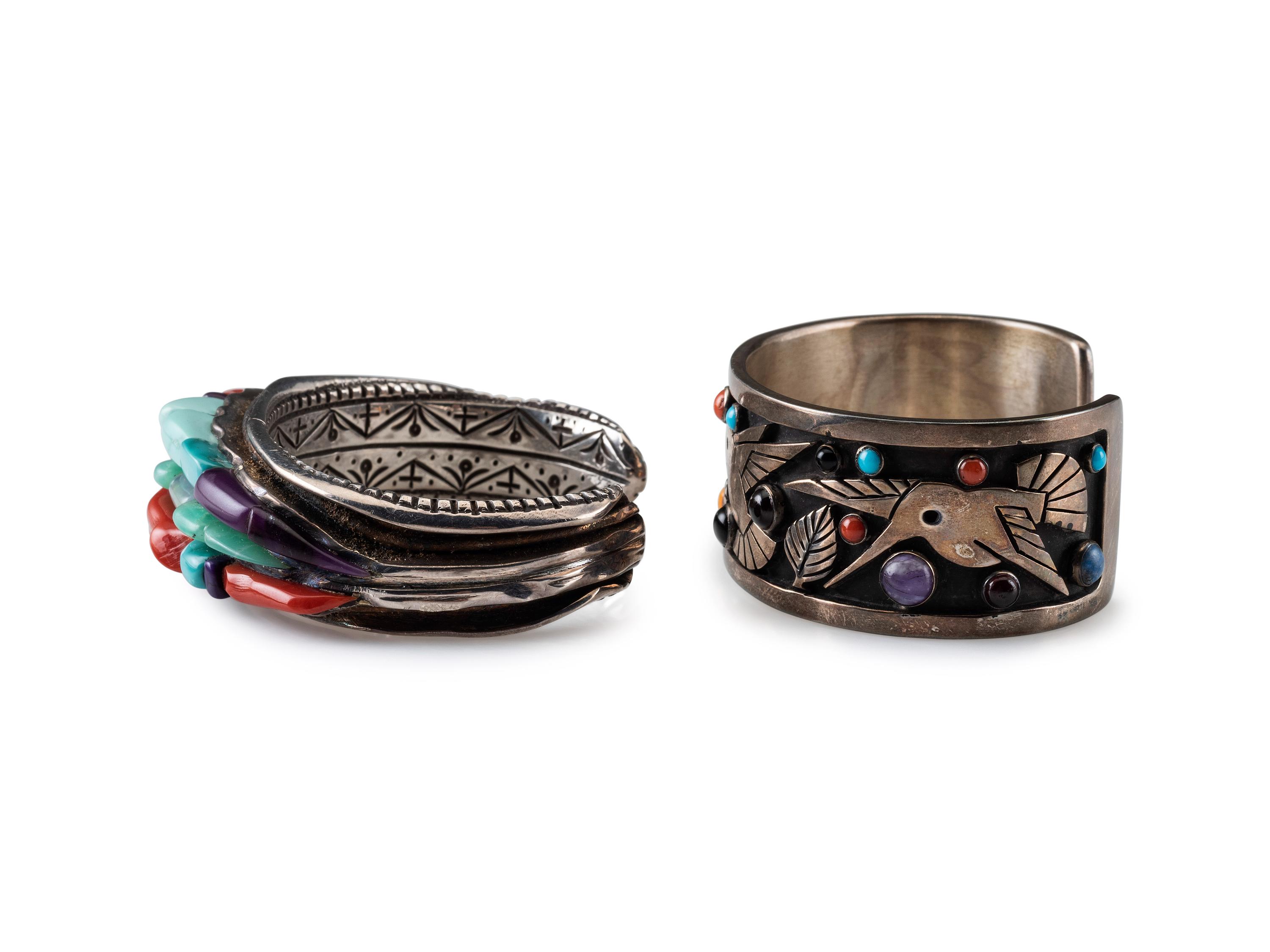 Navajo Silver Cuff Bracelets, with Colorful Inlay
