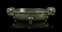A Large Spinach Jade Bowl Length 15 inches. — LIKELY 18TH CENTURY