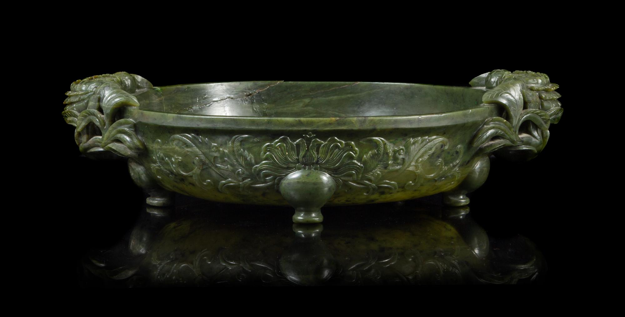 A Large Spinach Jade Bowl Length 15 inches. — LIKELY 18TH CENTURY