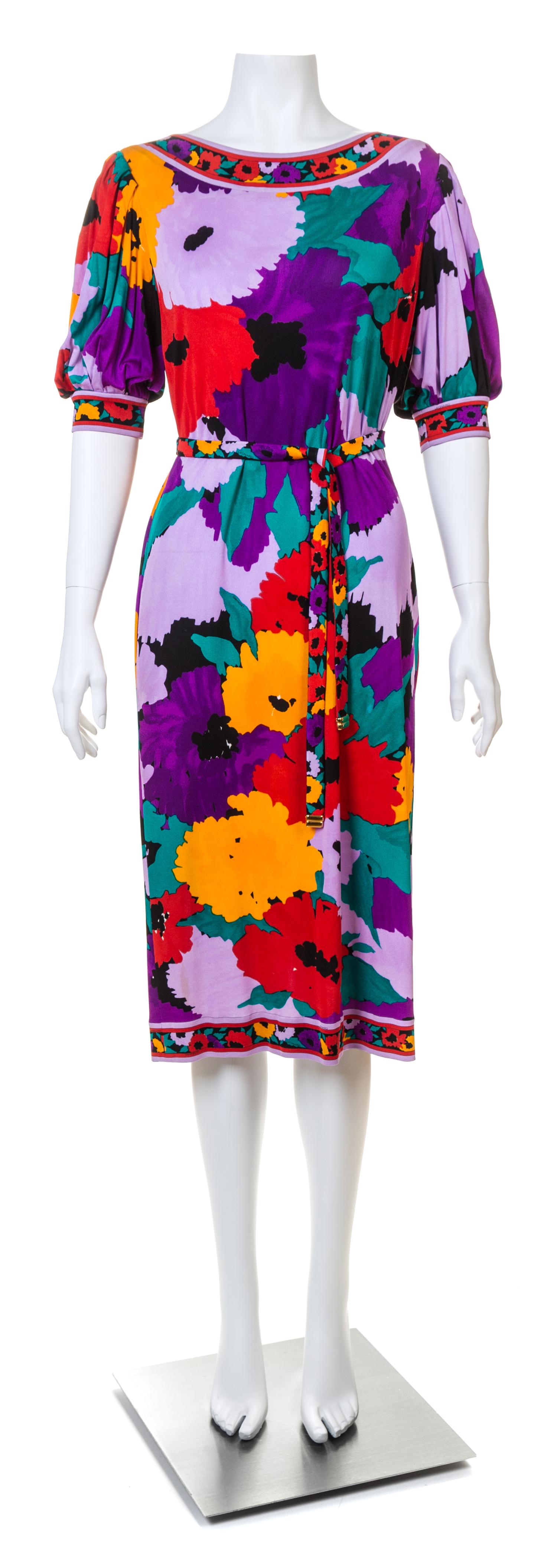A Leonard Purple Silk Floral Dress, No size; Belt: 55.5" x .75".
