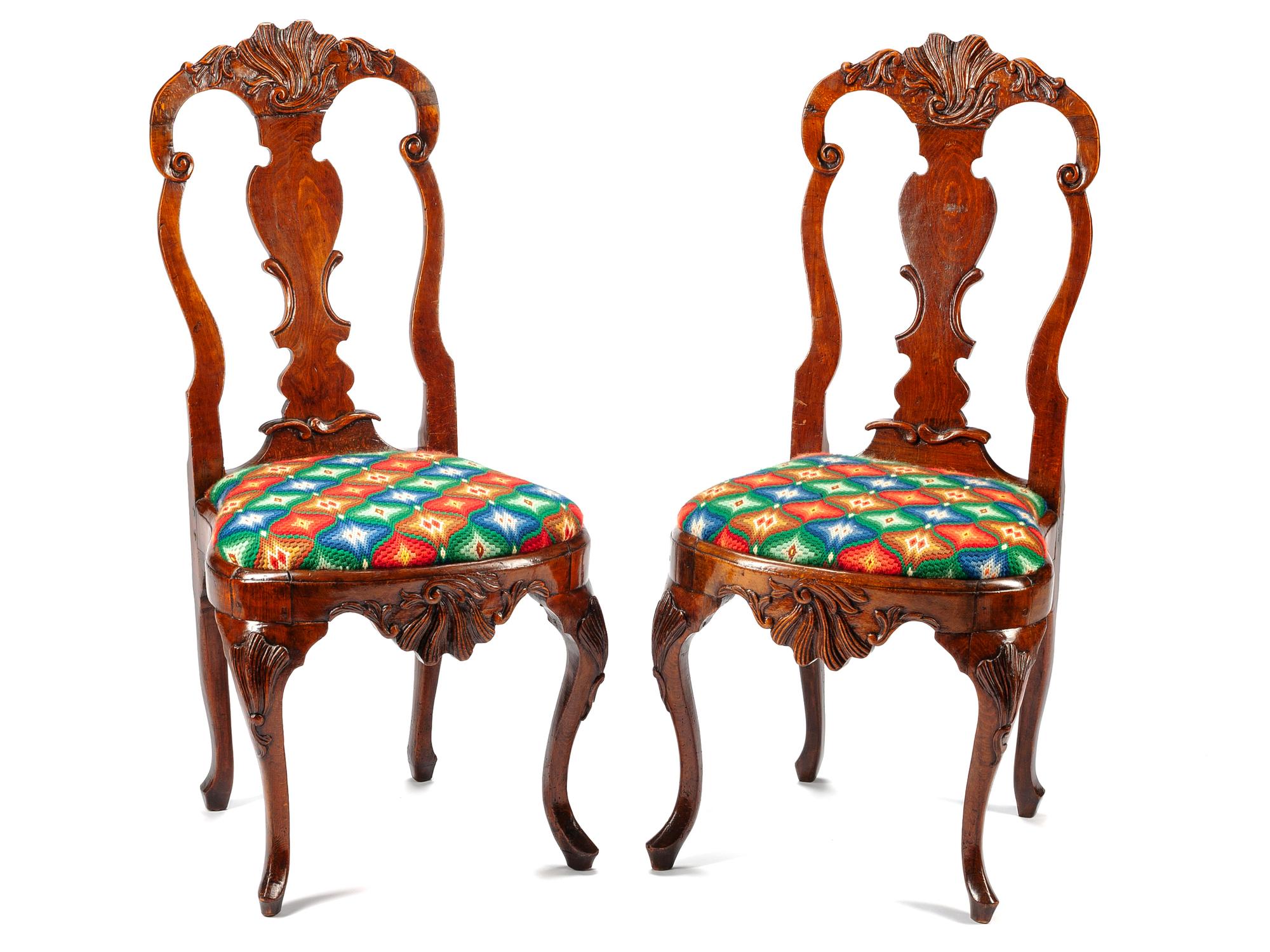 A Pair of Dutch Carved Mahogany Side Chairs