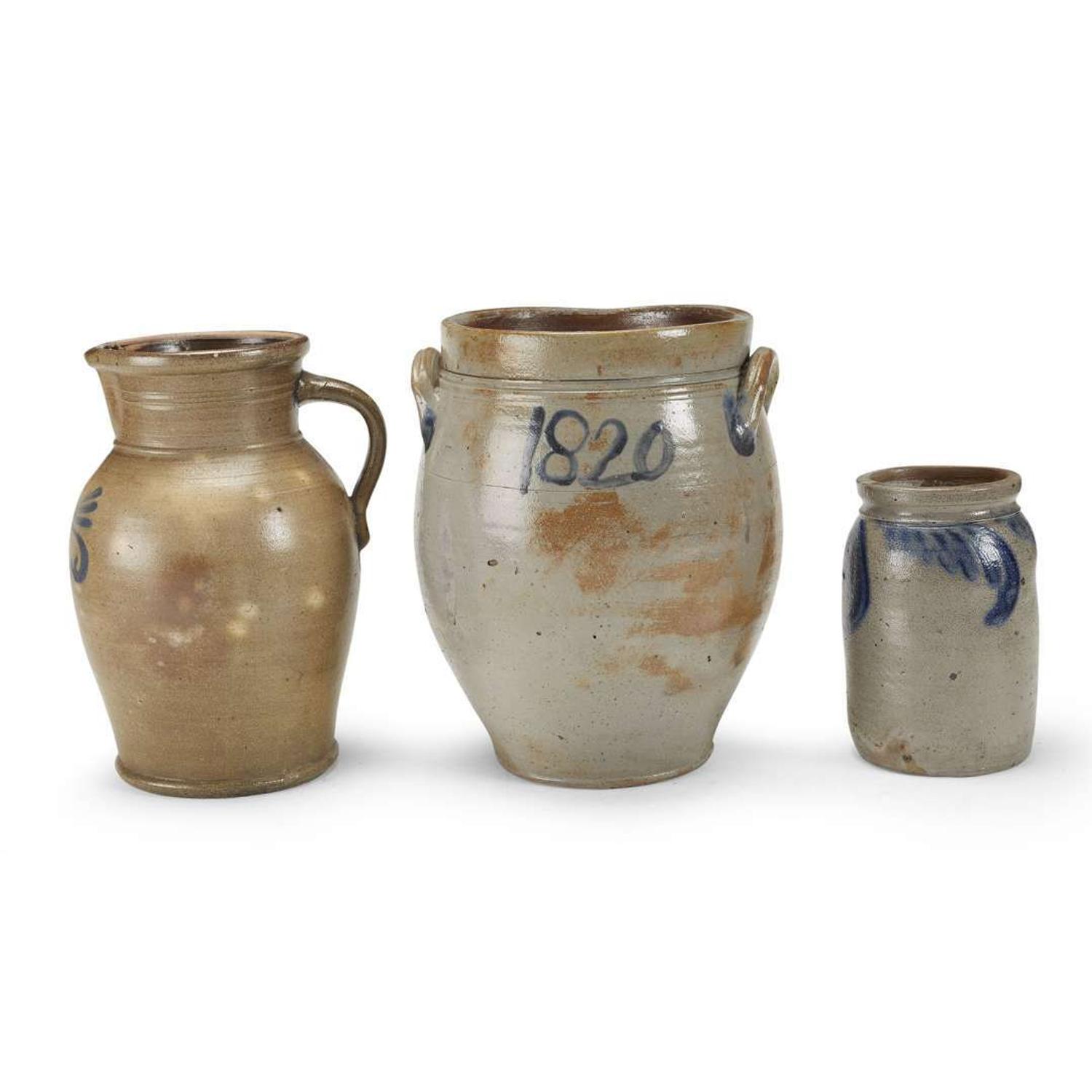 Three cobalt-decorated stoneware items 19th century