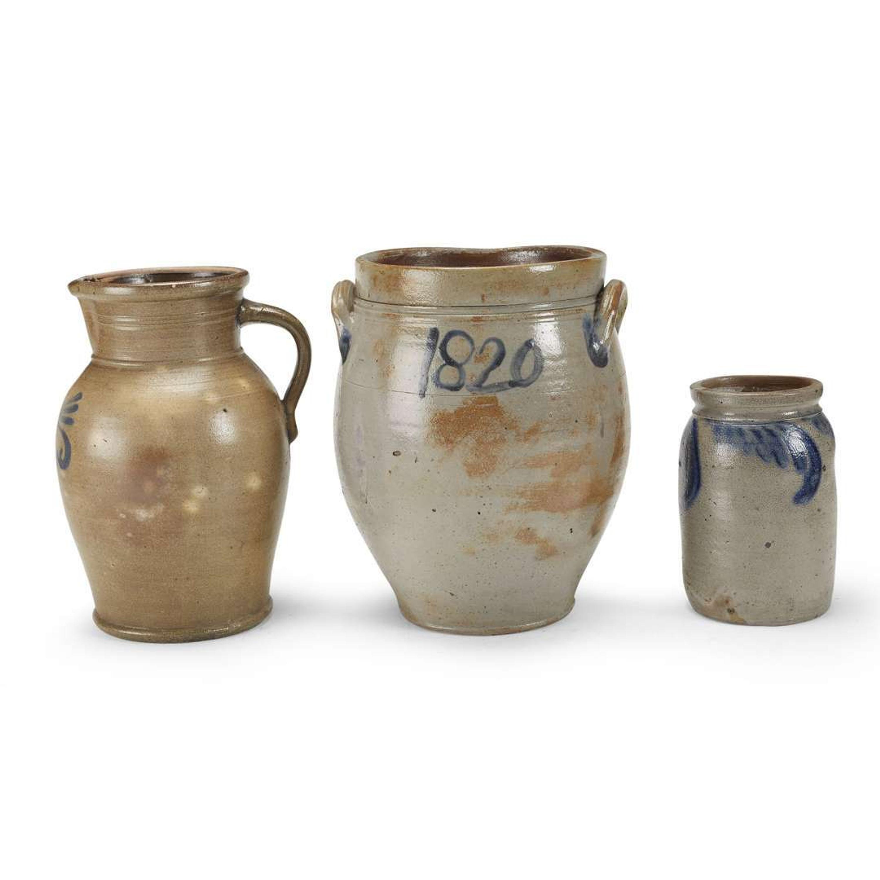 Three cobalt-decorated stoneware items 19th century