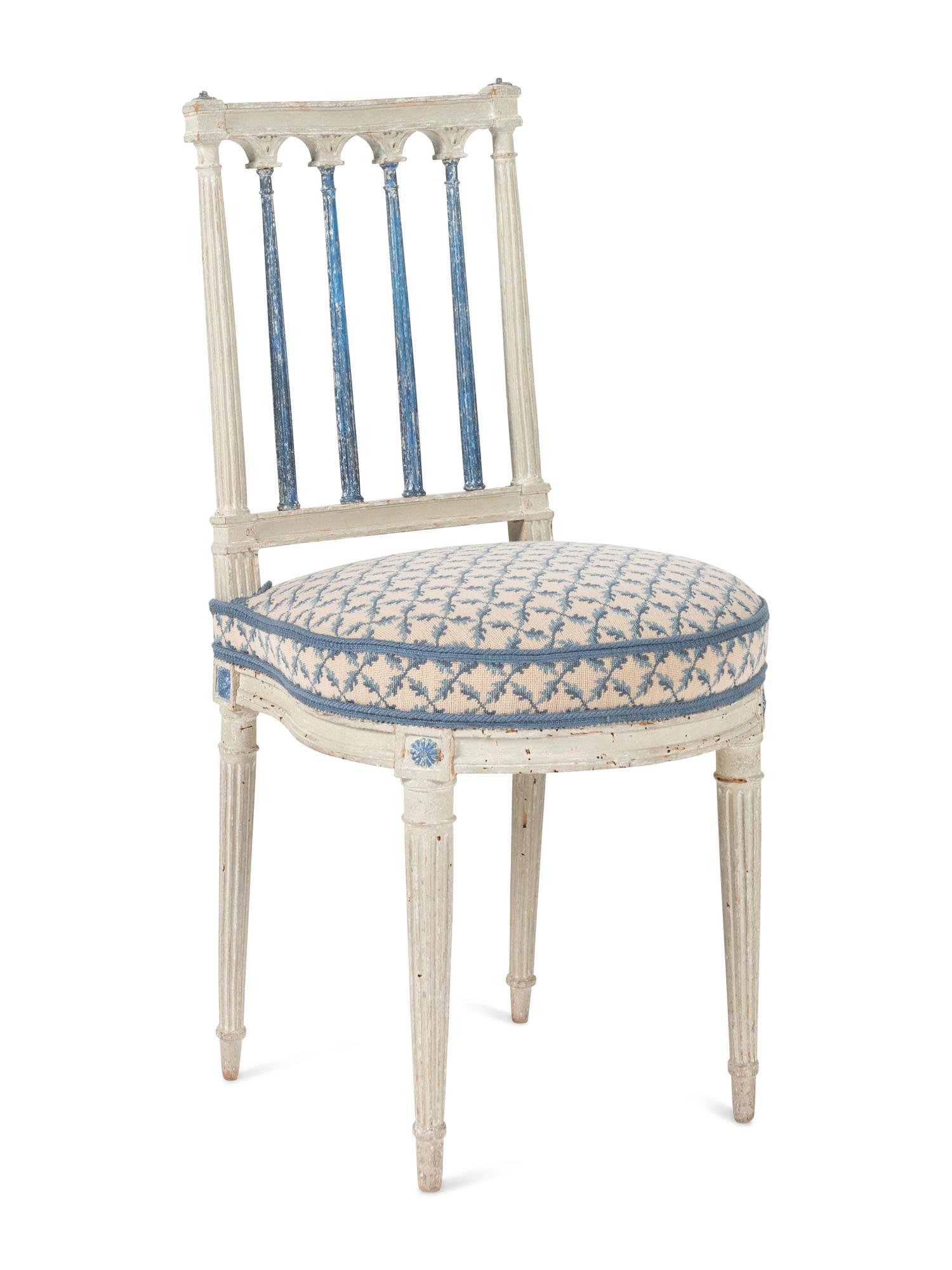 A Set of Four Louis XVI Blue and White-Painted Side Chairs