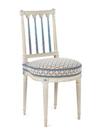 A Set of Four Louis XVI Blue and White-Painted Side Chairs