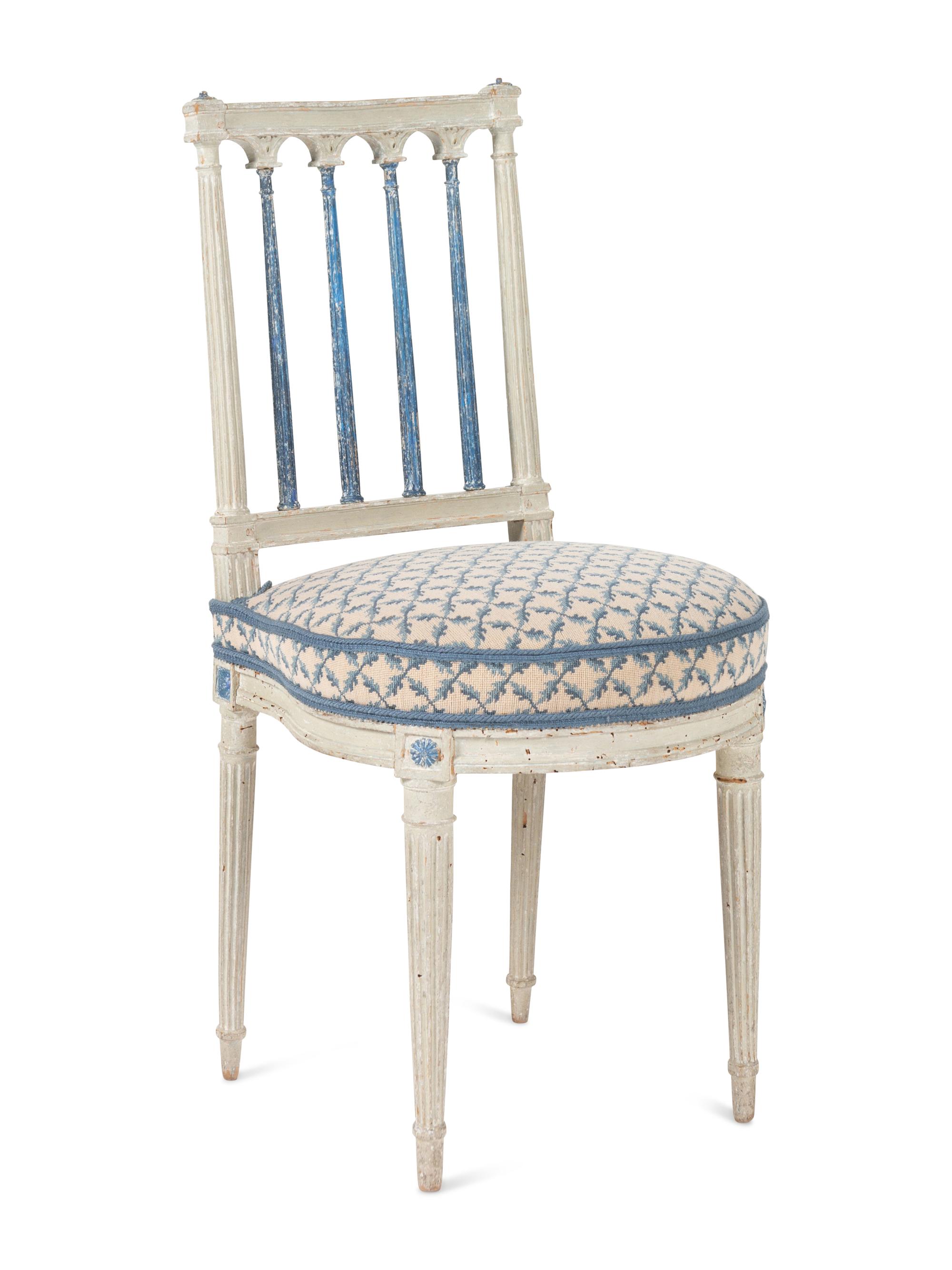 A Set of Four Louis XVI Blue and White-Painted Side Chairs