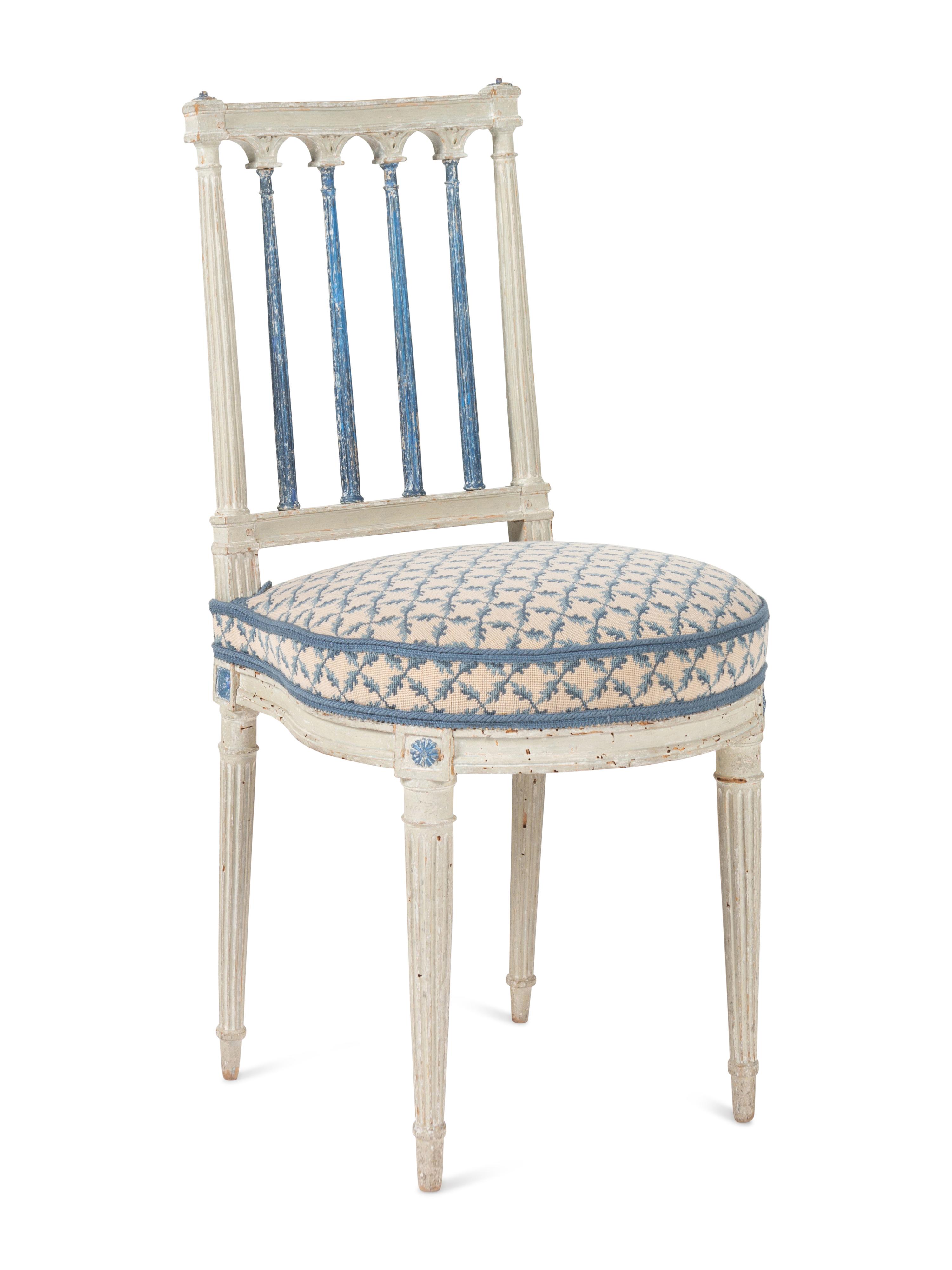 A Set of Four Louis XVI Blue and White-Painted Side Chairs