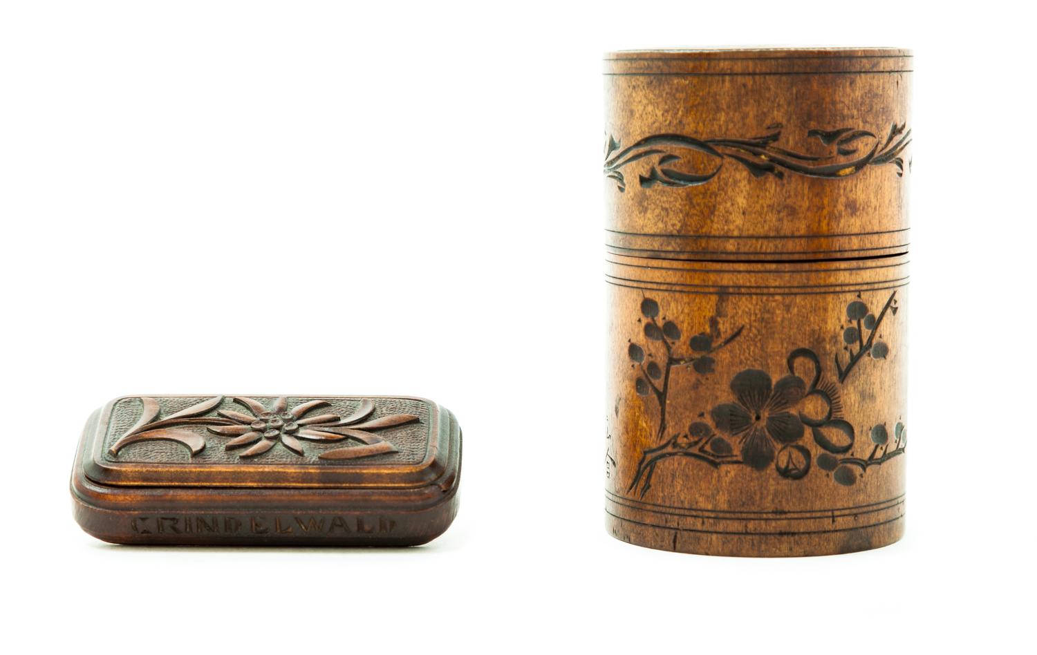 Two Decorative Carved Wood Boxes Height of tallest 4 inches.