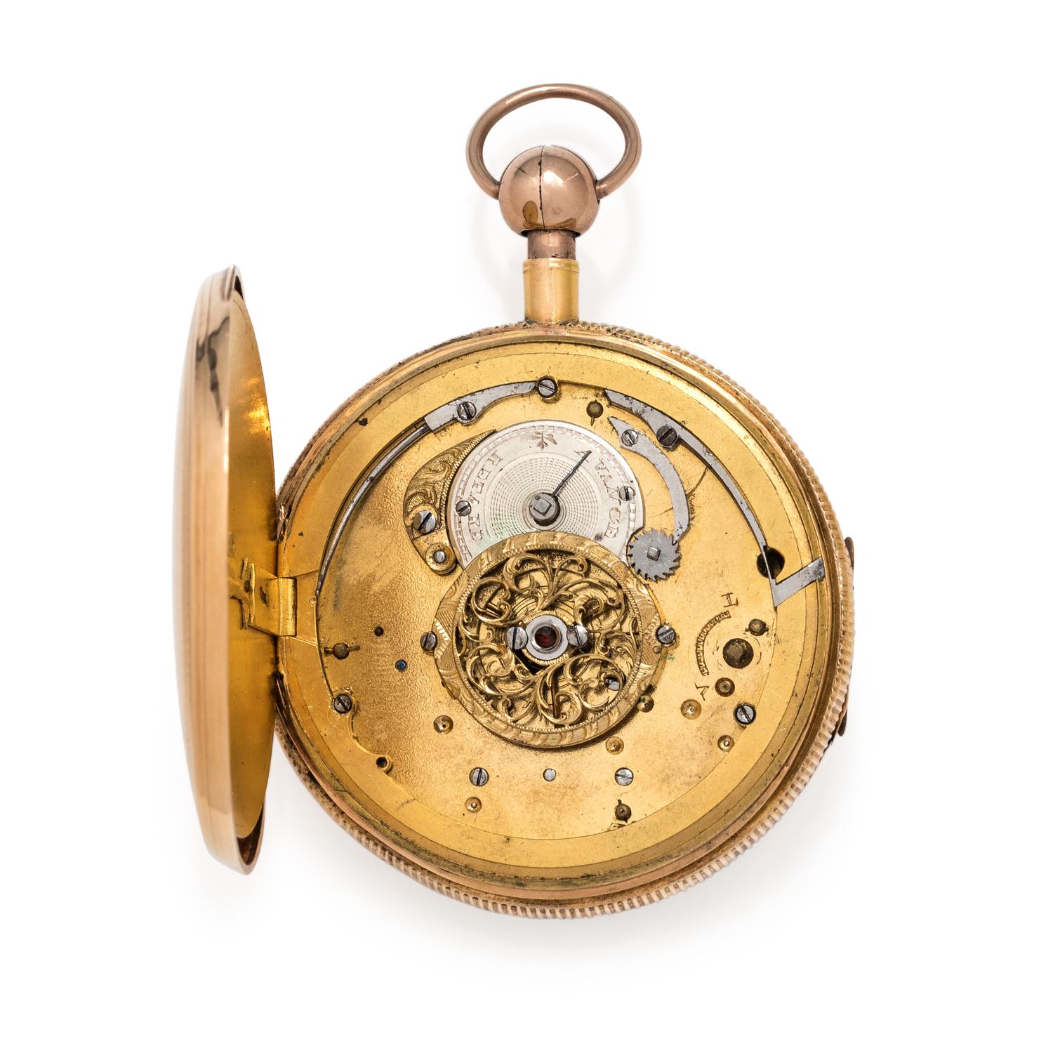 A HISTORIC 18K TRICOLOR GOLD OPEN FACE JACQUEMART AUTOMATON QUARTER REPEATER POCKET WATCH