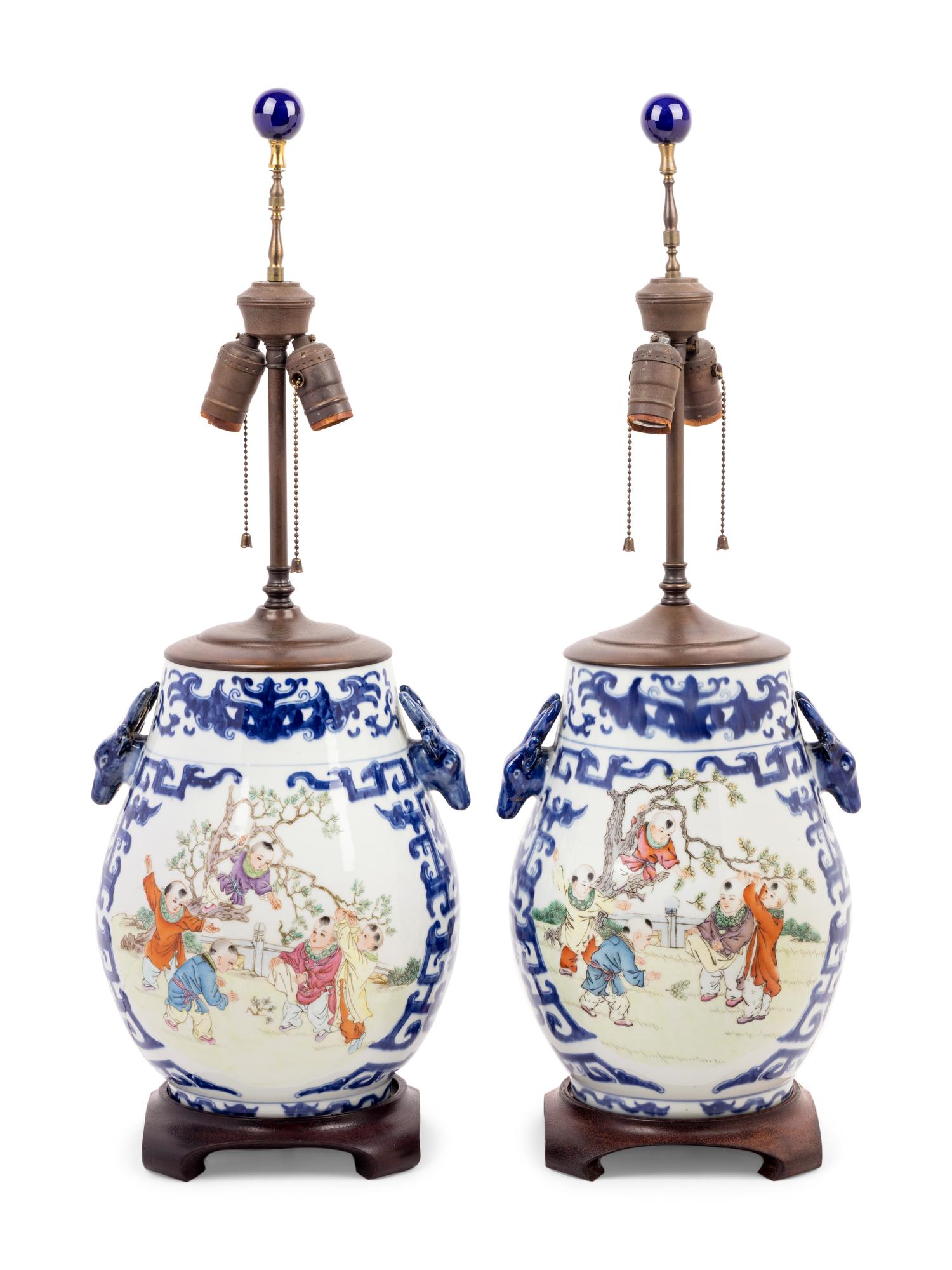A Pair of Chinese Famille Rose and Underglaze Blue Hu-Form Vases Mounted as Lamps