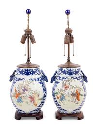 A Pair of Chinese Famille Rose and Underglaze Blue Hu-Form Vases Mounted as Lamps