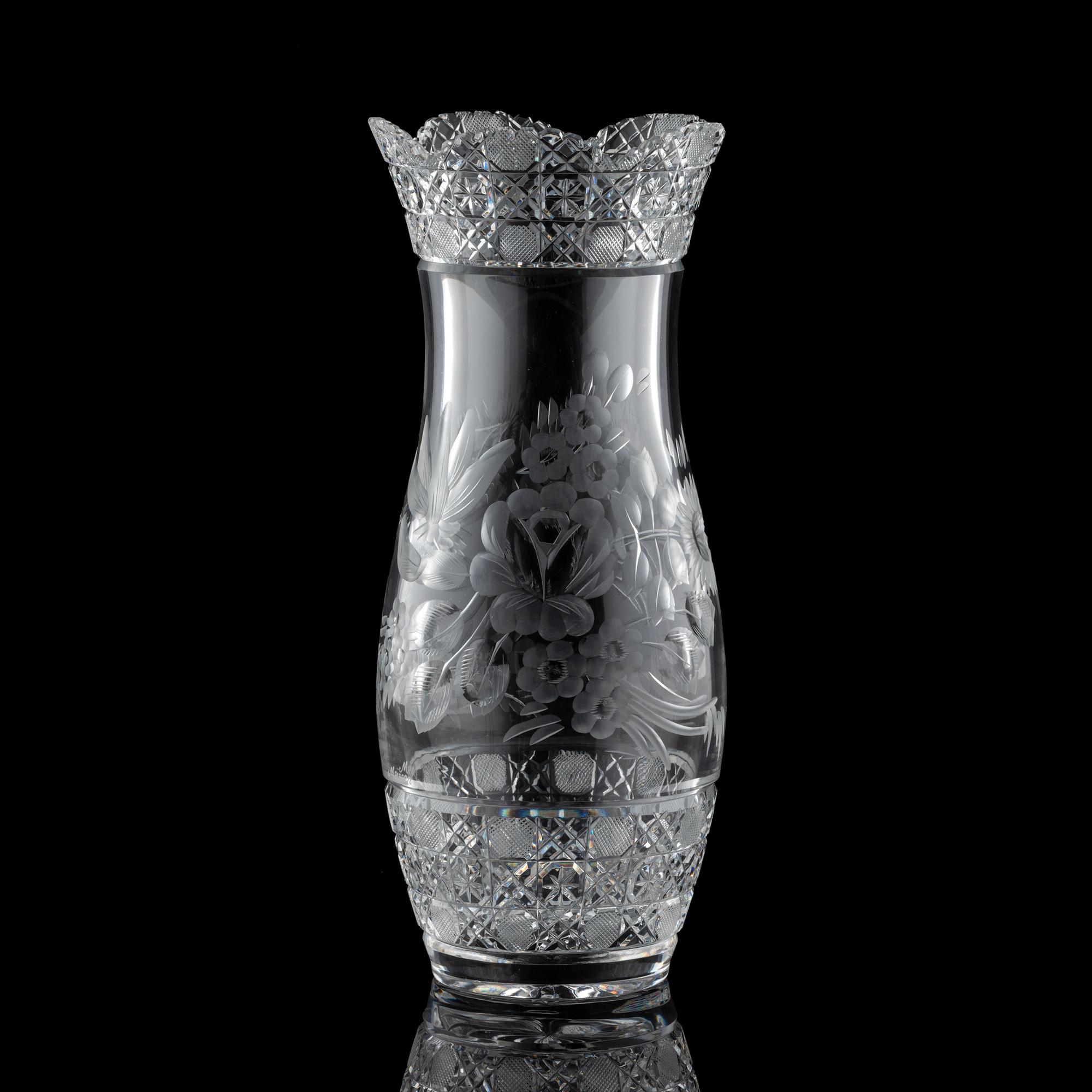 A "Harvard" Cut Glass Vase with Flowers