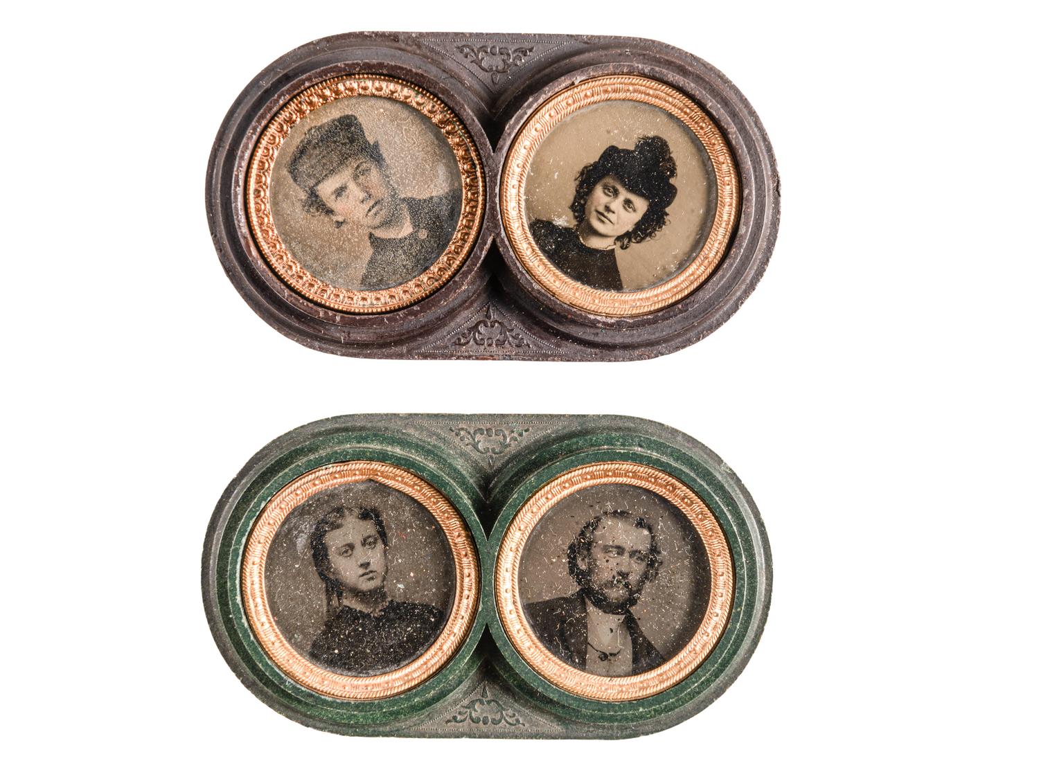 [EARLY PHOTOGRAPHY - UNION CASES]. Two "double oreo" cases containing portraits of men and women, including: