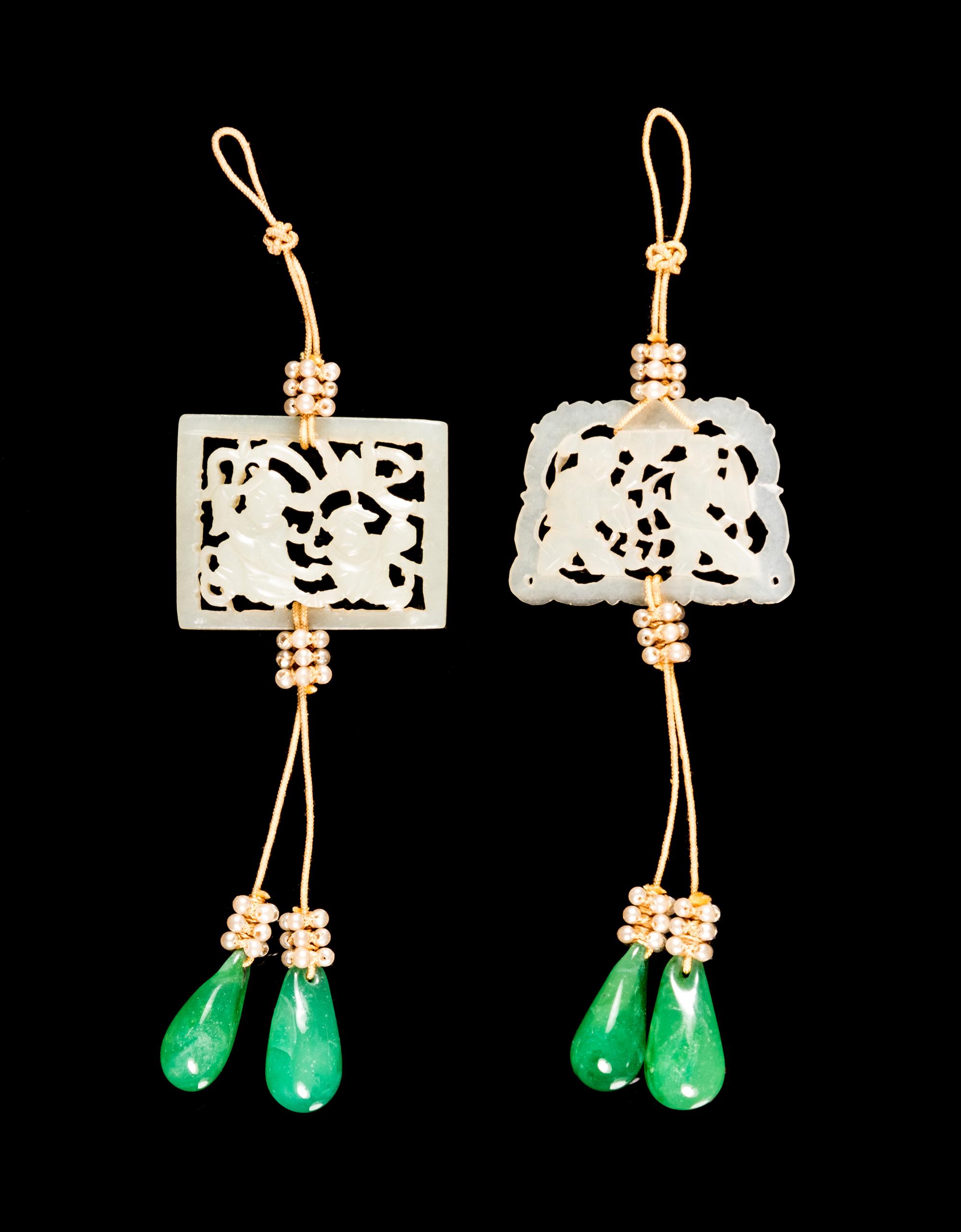Two Chinese White Jade and Green Glass Pendants