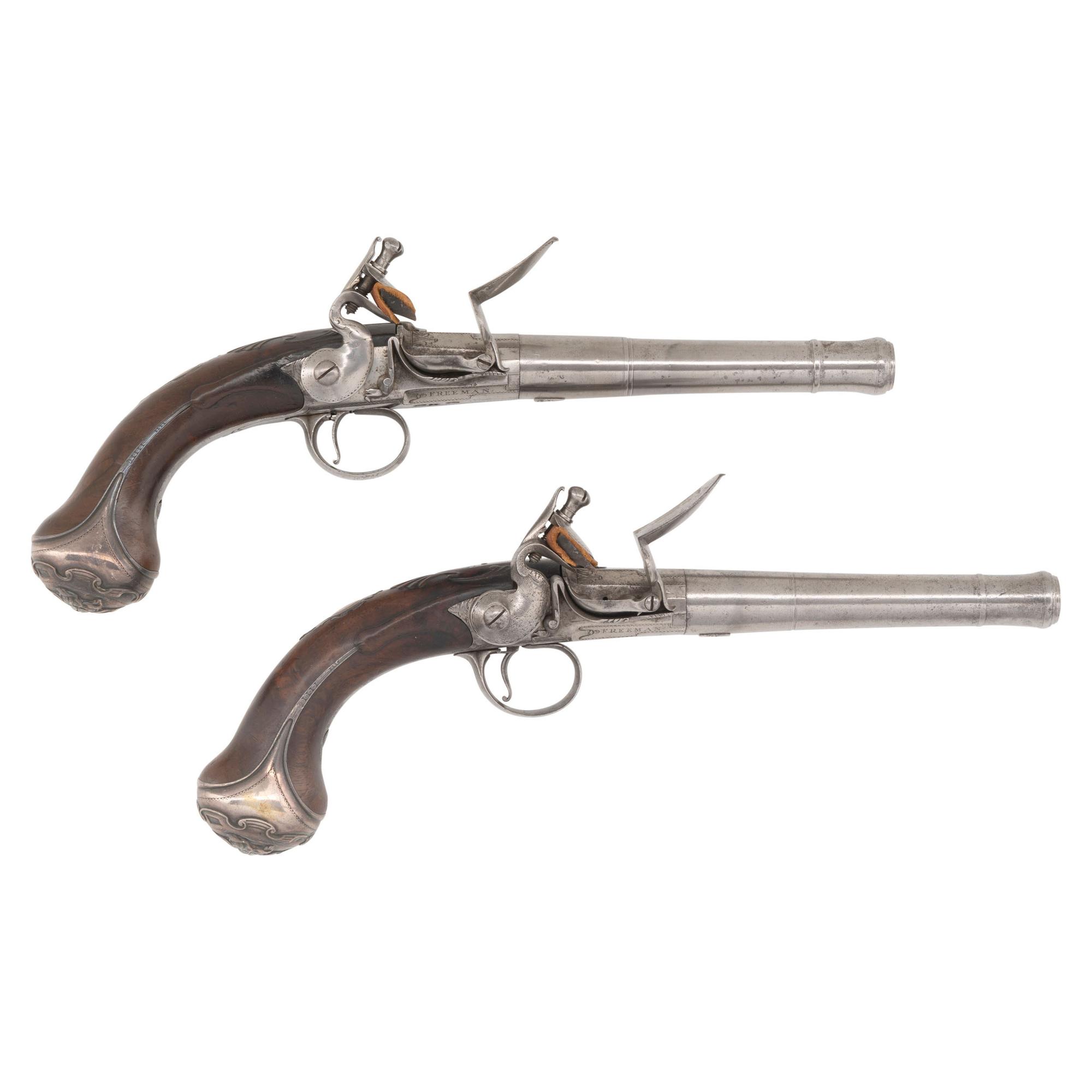 Pair of Queen Anne Flintlock Pistols by Freeman in Reconfigured Modern Case