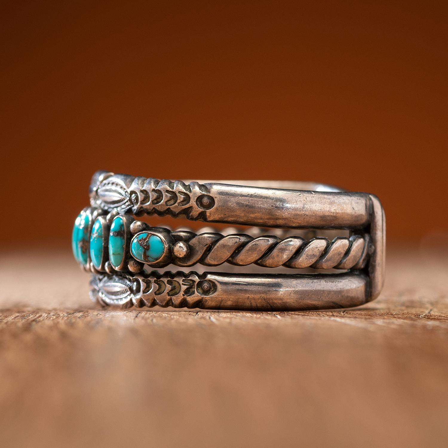 Navajo Stamped Silver and Turquoise Cuff Bracelet
