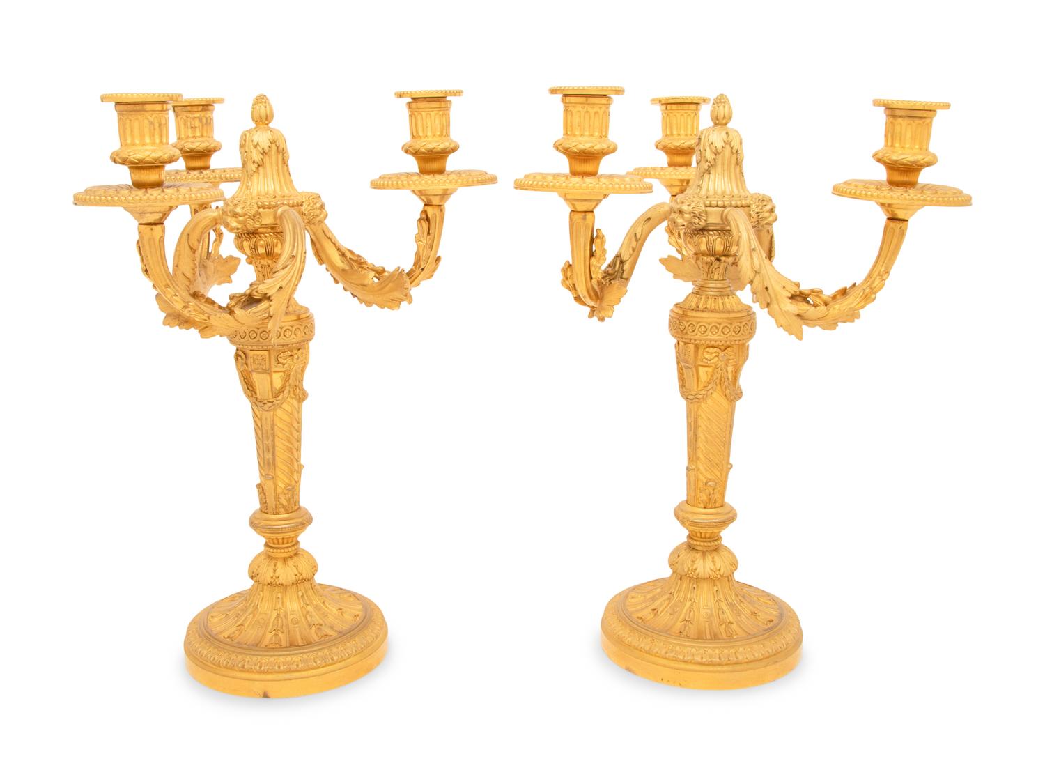 A Pair of Louis XVI Style Gilt Bronze Three-Light Candelabra
