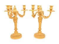 A Pair of Louis XVI Style Gilt Bronze Three-Light Candelabra